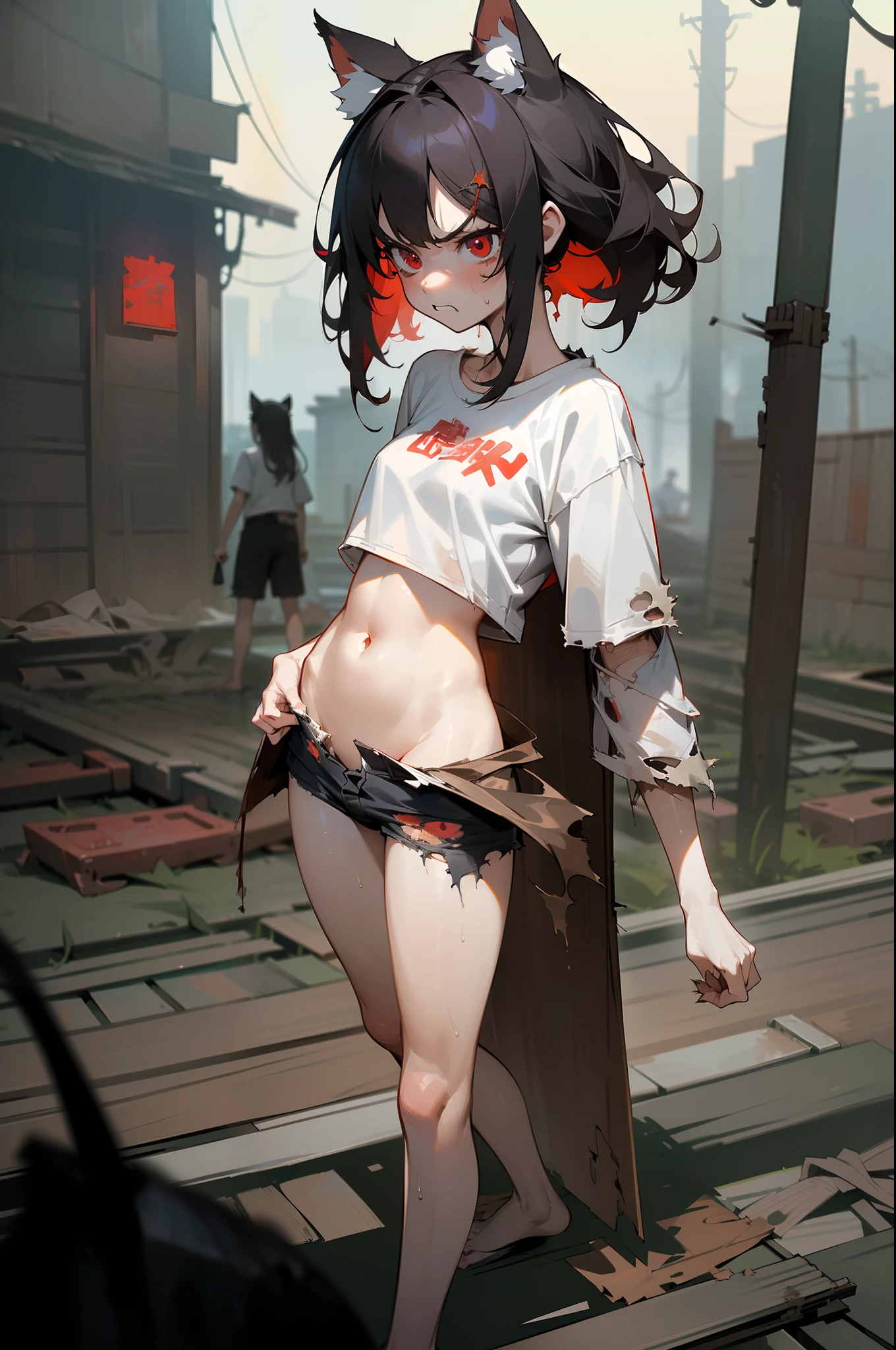 ((Masterpiece)), wide shot, ((exposed stomach)), 1girl, (age Girl, beautiful red eyes)、details of Very messy medium hair、((dirty and very torn white-shirt)),((angry face)),Slender and small breasts, sweaty,small breasts、Cat ears, Pale black hair, ((standing with legs spread wide in night, asian Slum townscape)),night