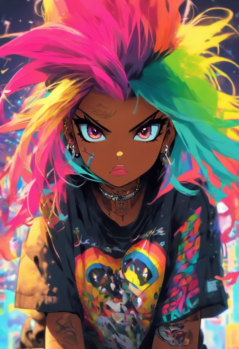 The most beautiful and sexy punk rock girl, cabello color arco iris, ojos amarillos, dark skin, usar una sudadera con capucha, Graphic T-shirt and torn skinny jeans, toneladas de tatuajes y piercings, Obra maestra perfecta, alta calidad, High resolution
