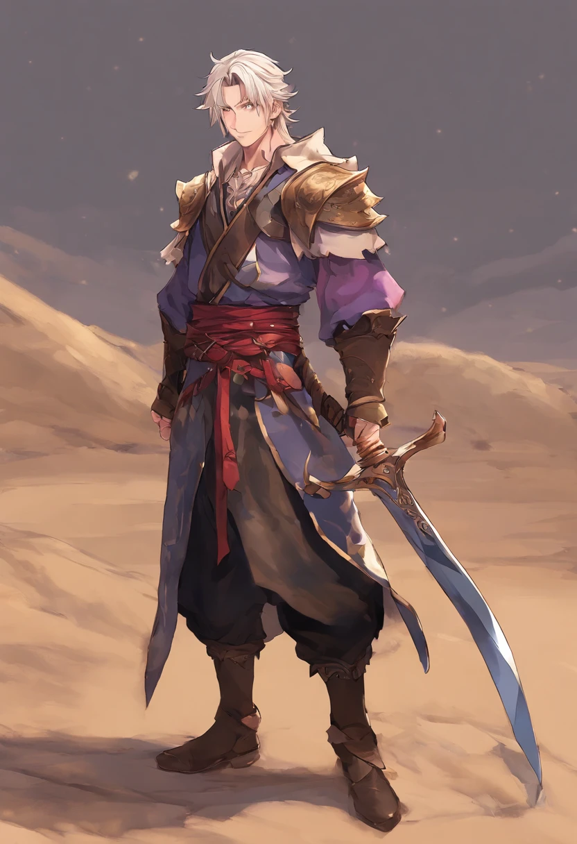 （1人）， 独奏，(tmasterpiece)，best qualtiy， ultra - detailed， illustratio， Movie Angle， {Detailed light}，cinmatic lighting，(The final protagonist of the MD game Phantasy Star 40000)，A tall、Robust young man，He has short brown hair and blue eyes。He wears a purple hat，And wearing a black leather armor，With brown shoulder pads and gloves。His leather armor has some metal decorations，It gives the impression of being strong。As a fighter，(Fight with a two-handed sword)。He was armed with a huge two-handed sword，There is also a glowing gemstone on the hilt，It seems to contain mysterious powers。Adventure missions all year round，So he has some distinguishing characteristics。His skin is slightly tanned，Indicates that he was often exposed to sunlight。Additionally，His face has always maintained a determined and confident expression，He is also full of love and responsibility for his teammates。A very confident and determined fighter，full bodyesbian，Try to show his boldness and passion。It can allow him to stand in a combative posture，Or depicting him holding a sword with a little contemplative expression，to show his inner complexity。The man stands against the backdrop of an alien desert，rendering by octane，Bio-luminescence，8K resolution concept art，hentail realism，eventide，Mapa Studios，tmasterpiece，highest  quality，offcial art，illustratio，Perfectcomposition,Faraway view