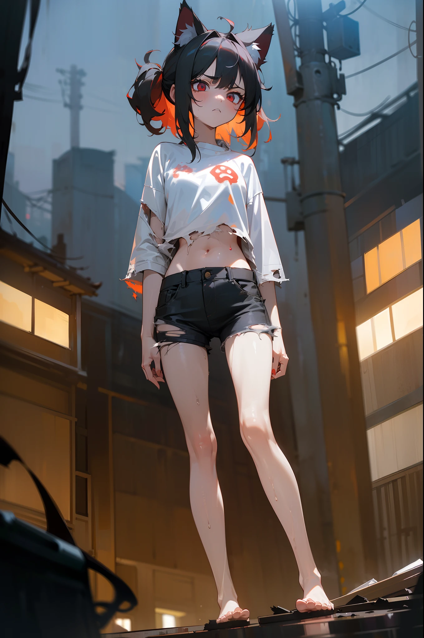 ((Masterpiece)), wide shot, ((exposed stomach)), 1girl, (age Girl, beautiful red eyes)、details of Very messy medium hair、((dirty and very torn white-shirt)),(angry),closed mouth,teeth、Slender and small breasts, sweaty,small breasts、Cat ears, Pale black hair, ((standing with legs spread wide in night, asian Slum townscape)),night