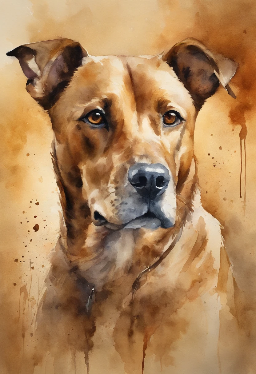 Create a realistic image of a caramel dog with a very short coat where its playful gaze is fixed straight ahead. The background is abstract with different shades of brown. The brown spots in the background blend smoothly with shades of yellow.