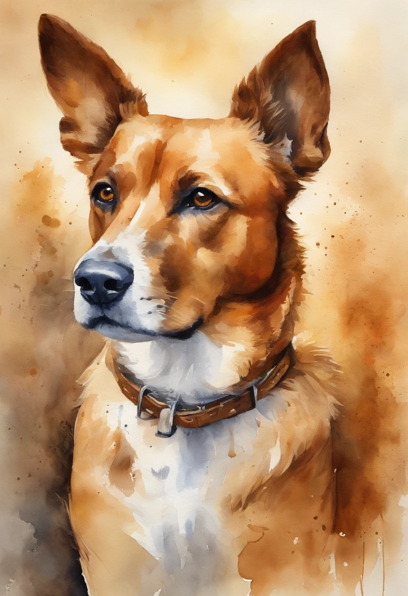 Create a realistic image of a caramel dog with a very short coat where its playful gaze is fixed straight ahead. The background is abstract with different shades of brown. The brown spots in the background blend smoothly with shades of yellow.