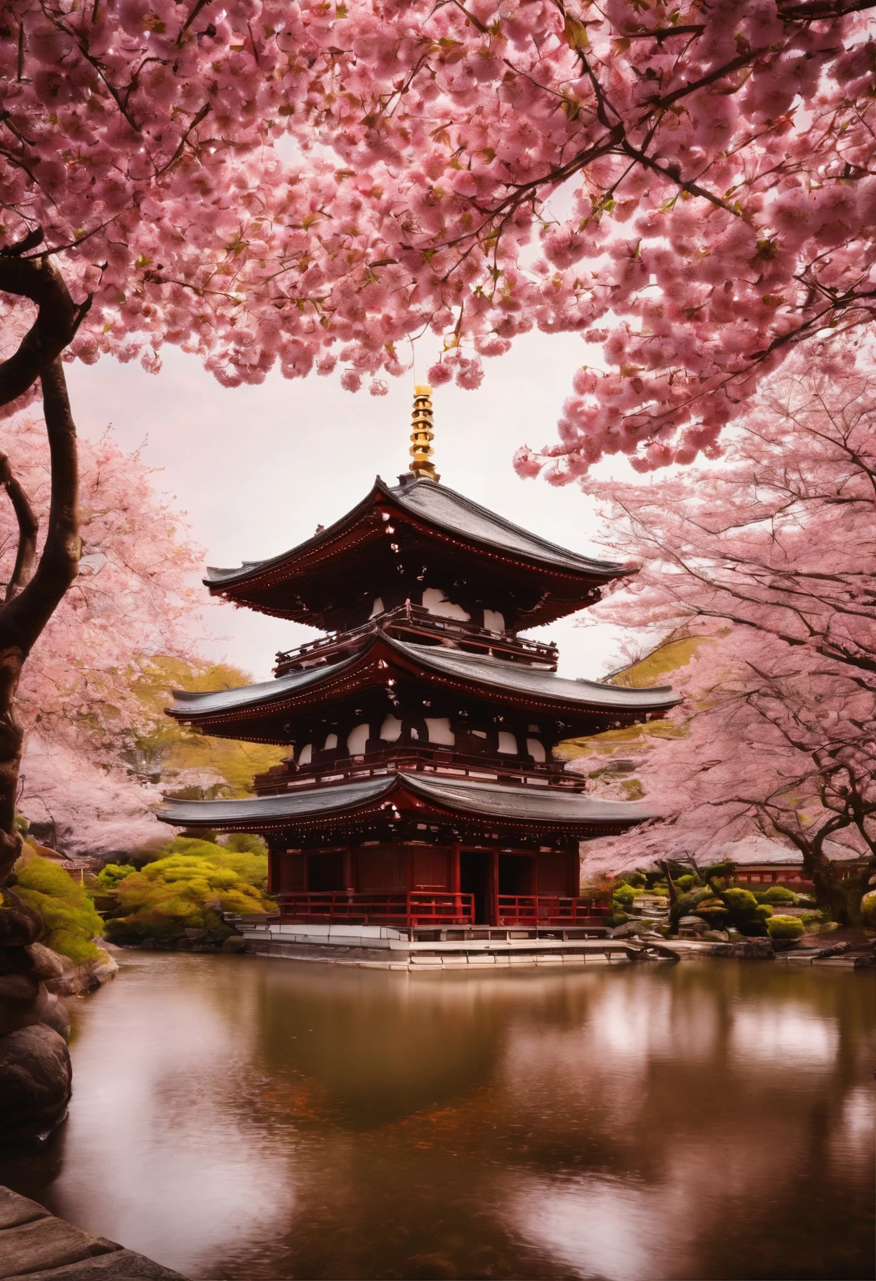 A picture of a Japanese temple surrounded by cherry blossoms in bloom