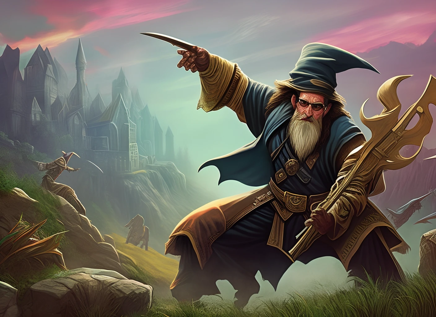 80s dark fantasy, comic cover, 80s dnd, dark brown long hair and beard wizard wearing glasses and hat