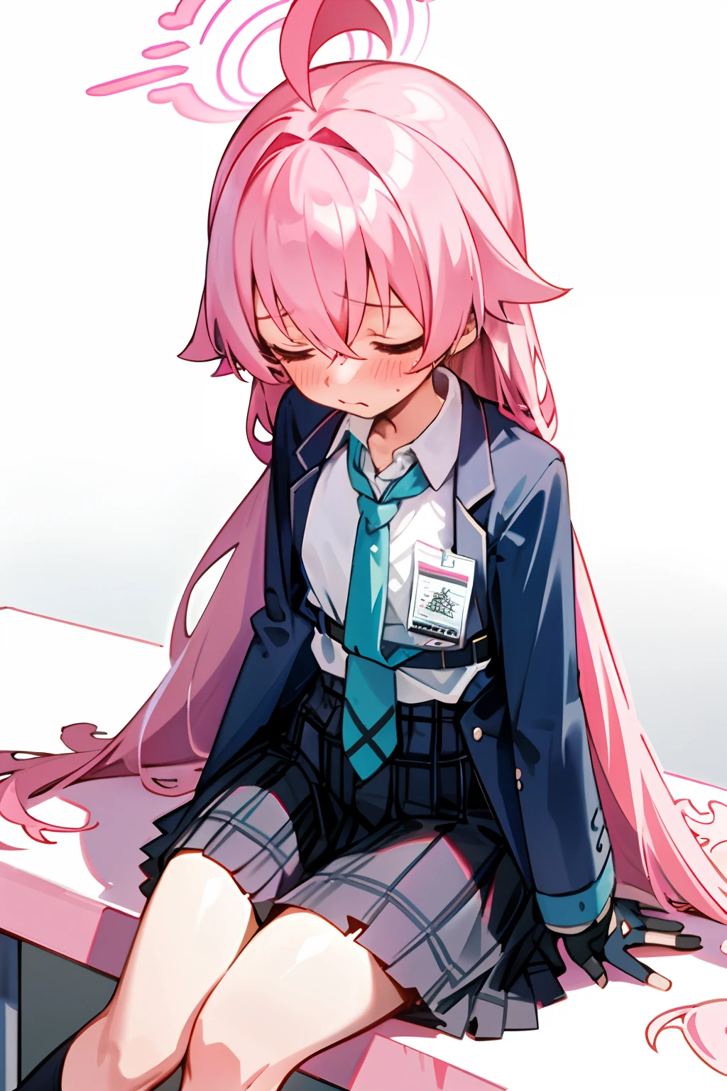 Hoshino (blue archive) One girl with long hair and uniform, pink hair, looking away, sitting, sleepy face, blushing, mouth small open, classroom, best quality, high quality,