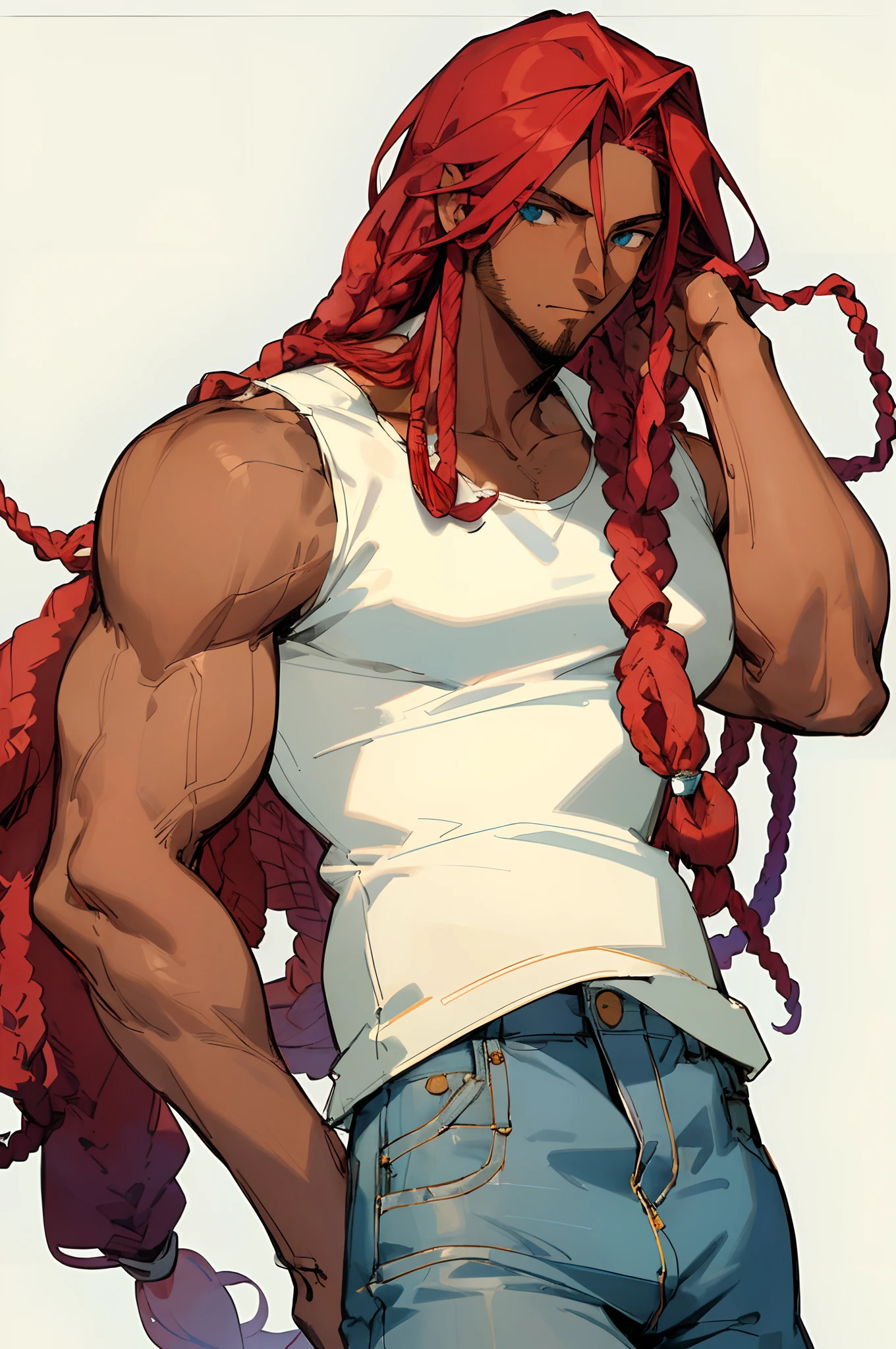 (masterpiece, best quality) detailed, 1Character , blue archive art style , pastel washed out colors , cell shade , soft, muted shades ,gentle colors , Handsome man , extremely long hair , ((red hair:1)) , ((Dreadlocks style)), blue eyes , ((dark skin:1.3)),((Brown skin:1)), muscular,((has stubble)) age 40, wearing a white tank top , blue jeans