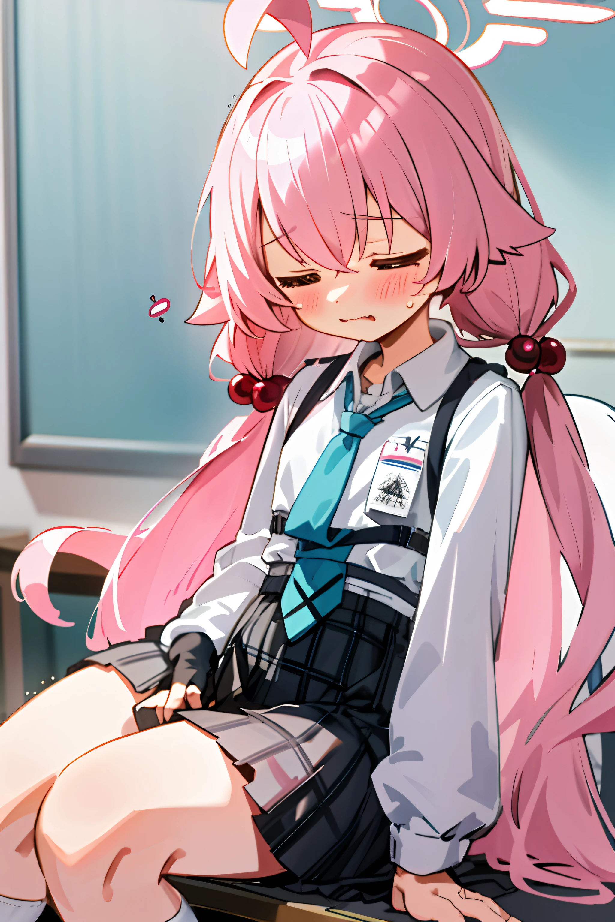 Hoshino (blue archive) One girl with long hair and uniform, pink hair, looking away, sitting, sleepy face, blushing, mouth small open, classroom (girl leaking pee): 0.4) best quality, high quality,