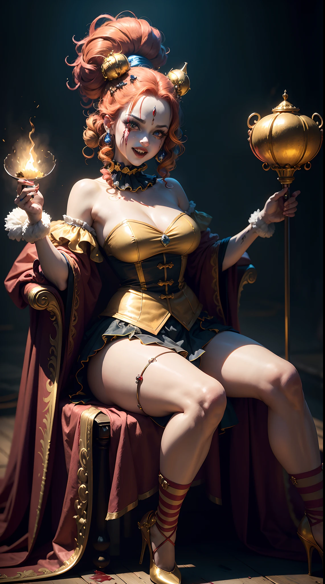 Crazy Clown Queen，sitting on golden throne,Jester cap,Clown costume, mitts,Vibrant colors, burst into laughter, dark gold hair,Cute,Horror,Wavy hair, hair-bun,high-heels。 (It's all blood)，Circus props, spooky ambiance, haunted background。style of surrealism, Sharp contrast,ominous lighting,hdr,hyper HD,Studio lighting,painting-like,Ultra-fine painting,Sharp focus,Physically-based rendering,Extreme detail description,professional,((Horror)).