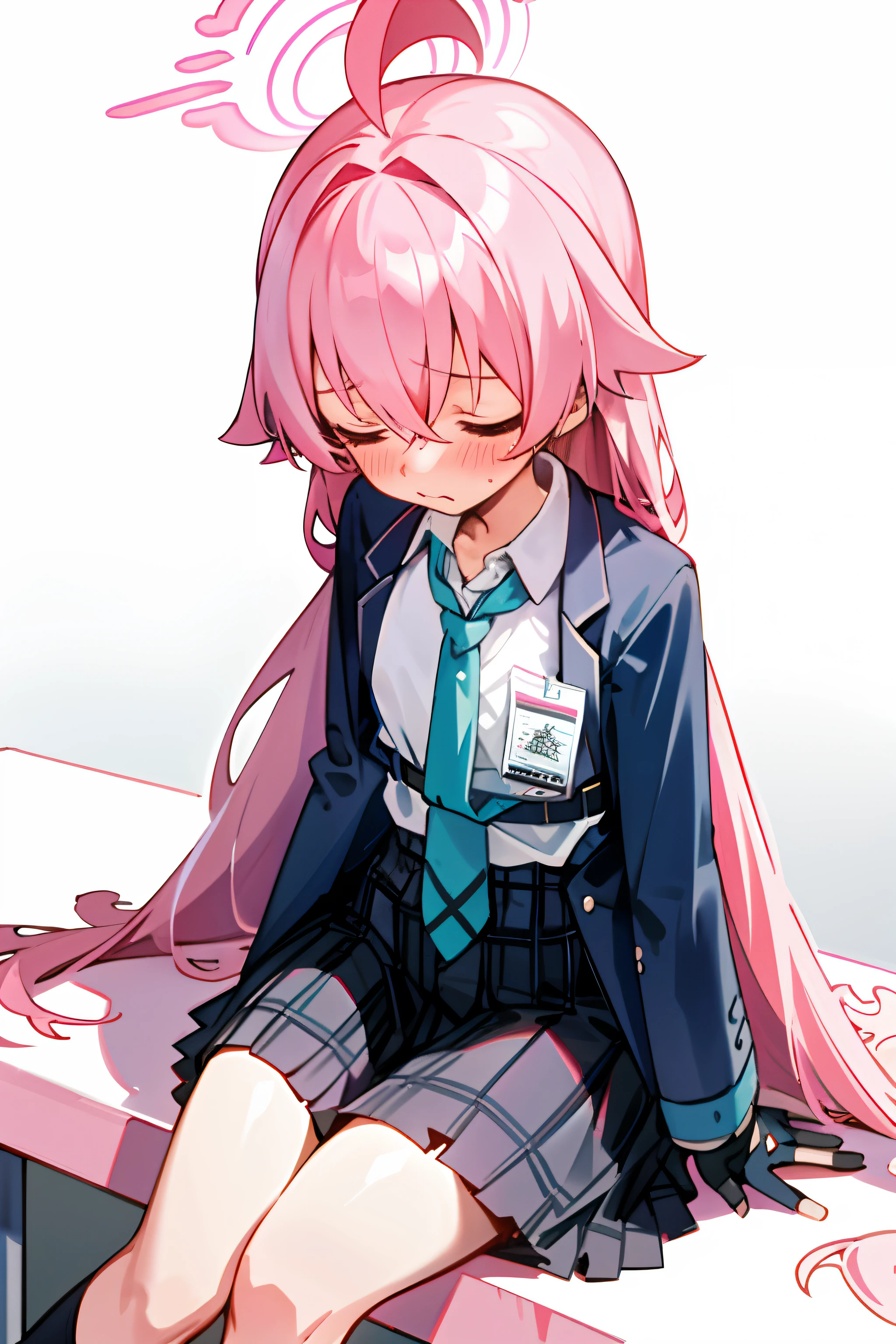 Hoshino (blue archive) One girl with long hair and uniform, pink hair, looking away, sitting, sleepy face, blushing, mouth small open, classroom, best quality, high quality,