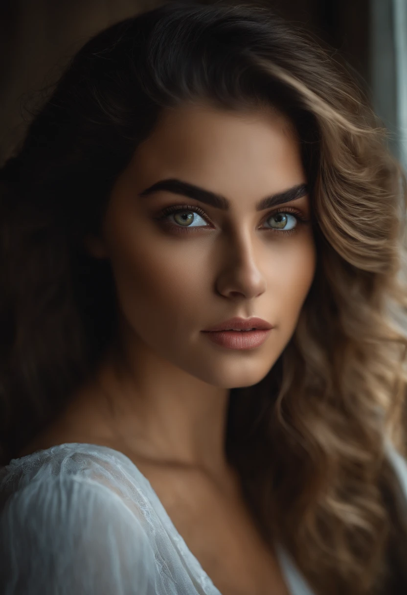 foto realista de uma mulher jovem, morena, cabelo liso, olhos claros, seios grandes.