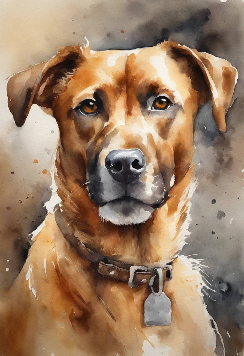 Create a realistic image of a happy, short-haired caramel dog with its playful gaze fixed straight ahead. The background is abstract with different shades of brown. The brown and white spots in the background blend smoothly with shades of yellow