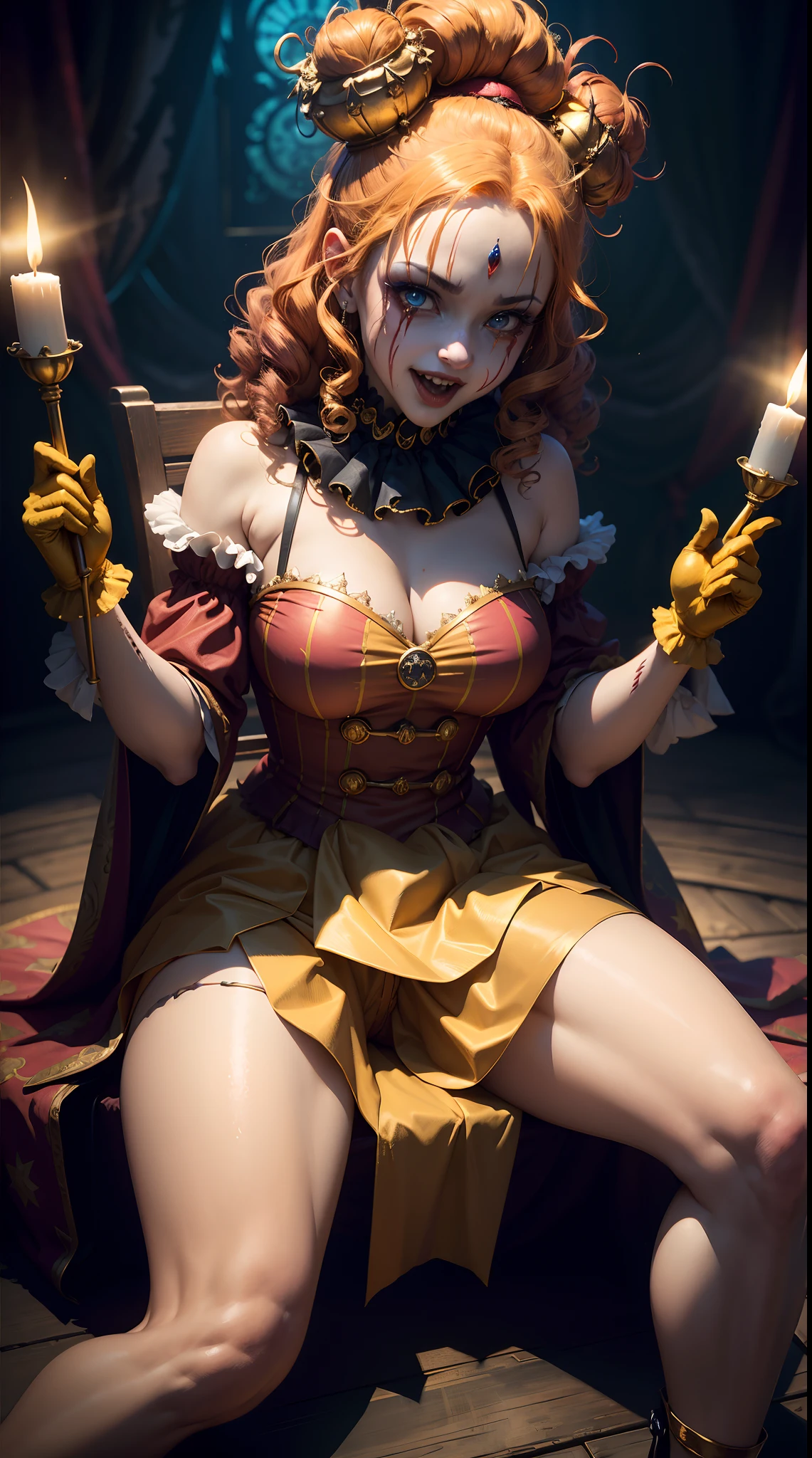 Crazy Clown Queen,sitting on golden throne,Jester cap,Clown costume, mitts,Vibrant colors, burst into laughter, dark gold hair,Cute,Horror,Wavy hair, hair-bun,high-heels。 (It's all blood),Circus props, spooky ambiance, haunted background。style of surrealism, Sharp contrast,ominous lighting,hdr,hyper HD,Studio lighting,painting-like,Ultra-fine painting,Sharp focus,Physically-based rendering,Extreme detail description,professional,((Horror)).