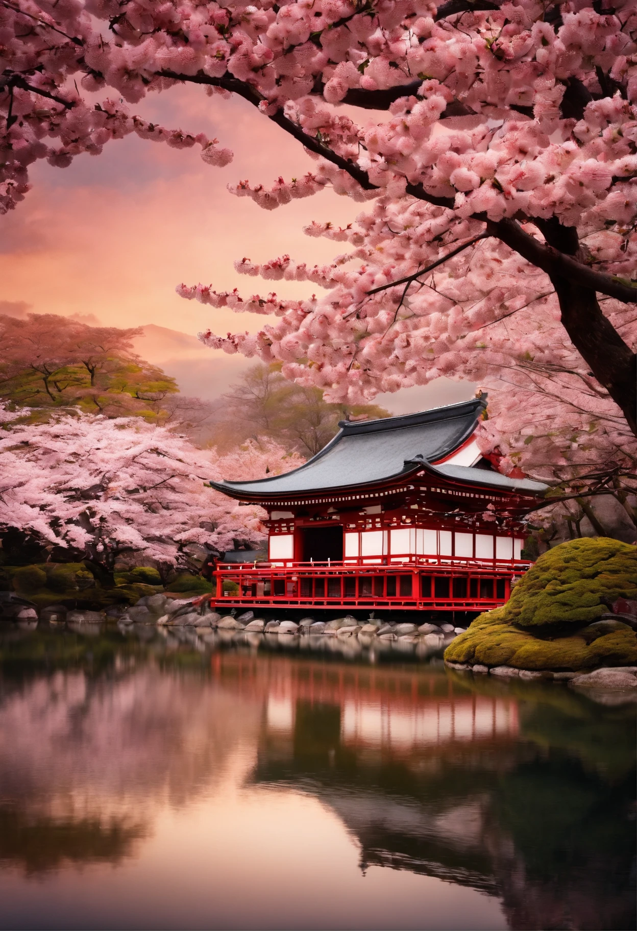 A picture of a Japanese temple surrounded by cherry blossoms in bloom