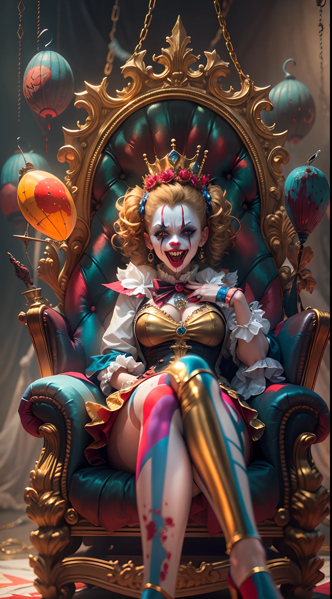 (masterpiece, 8K, UHD, RAW), a sexy girl kissing a evil clown in bed, (((a beautiful young woman riding on top of one huge horrific circus clown with a red nose))), (she rides the male Clown with lustful femininity), her beautiful body is covered by a sheer translucent white tunic with Art Nouveau embroidery, big sexy perky breasts, her pristine delicate features contrasts with the horrendous menacing fangs of the corrupted male clown, full body vibrant illustrations, intricately sculpted, realistic hyper-detailed portraits, queencore, depicts real life, the scene happens in a luxurious Art Nouveau boudoir with studio illumination, red and teal silk satin, Sexy smile,