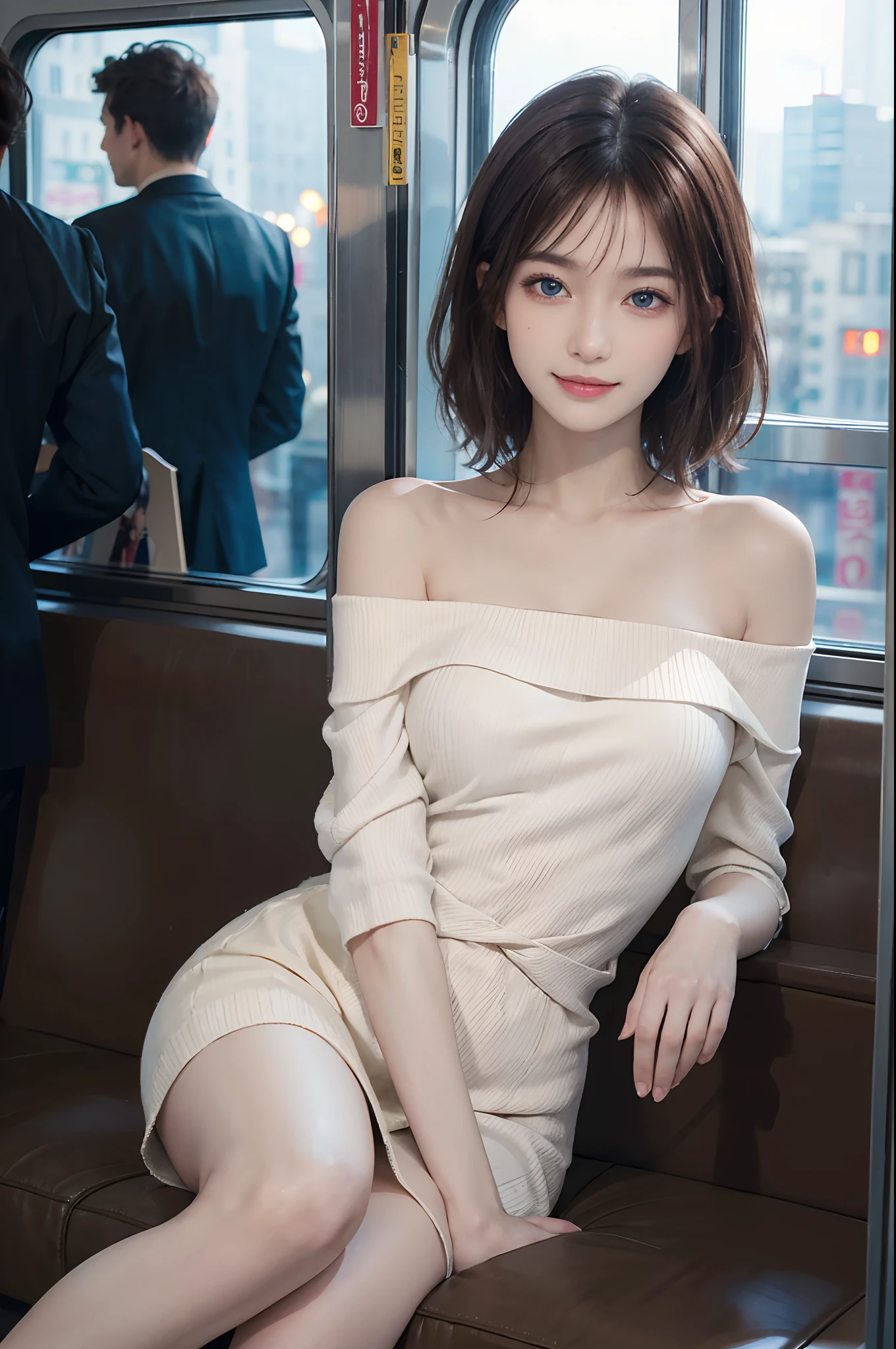 ((top-quality、masterpiece:1.3))、、1 female:2.0、Colossal tits:1.3、Slender body type:1.1、Toned abs、Brown hair、short-cut、Detailed lips、detailedeyes、二重まぶた、blue eyess、wide Shots、(Raw photography、top-quality)、(realisitic、Photorealsitic:1.3)、top-quality、masterpiece、extremely delicate and beautiful、extremely details CG、 absurderes、A smile、Erotic face、On the train、Fours、Slouched、Nokezoru、Red off-shoulder knit dress、Strong smile、model poses、Looking to the right、Cute side shot of a 19-year-old +Shy + Gorgeous French-Albanian schoolgirl、god rays、Shot with AFGA Vista 400::2.0 、Photos of the atmosphere in the style of Eric Madigan Heck and Arthur Elgort、Atmospheric、Bokeh、Snowflake 、Opens mouth and laughs、Giant stuffed animal