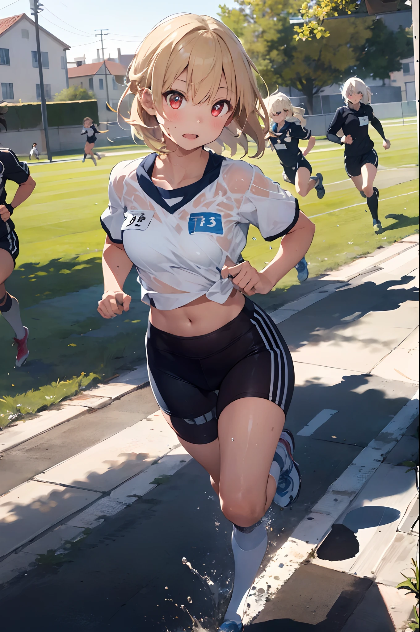 (top-quality、in 8K、32K、​masterpiece、nffsw、超A high resolution、Impresionismo、Photorealsitic:1.2)、Angle from above、High angle、cowboy  shot、foco nítido、detailed faces and eyes、school ground、Strong sunshine、beauitful face、blurry backround、shinny skin、Sharp pupils、Realistic pupils、 school ground、beauitful face、blurry backround、18 year old beautiful girl、shinny skin、short-hair、Platinum blonde beautiful hair、Red Eyes、(Sports Day Costume、Running:1.3)、thighs thighs thighs thighs、Curve、Dynamic Poses、Navel Ejection、wetted skin、wetting hair、Powerful composition
