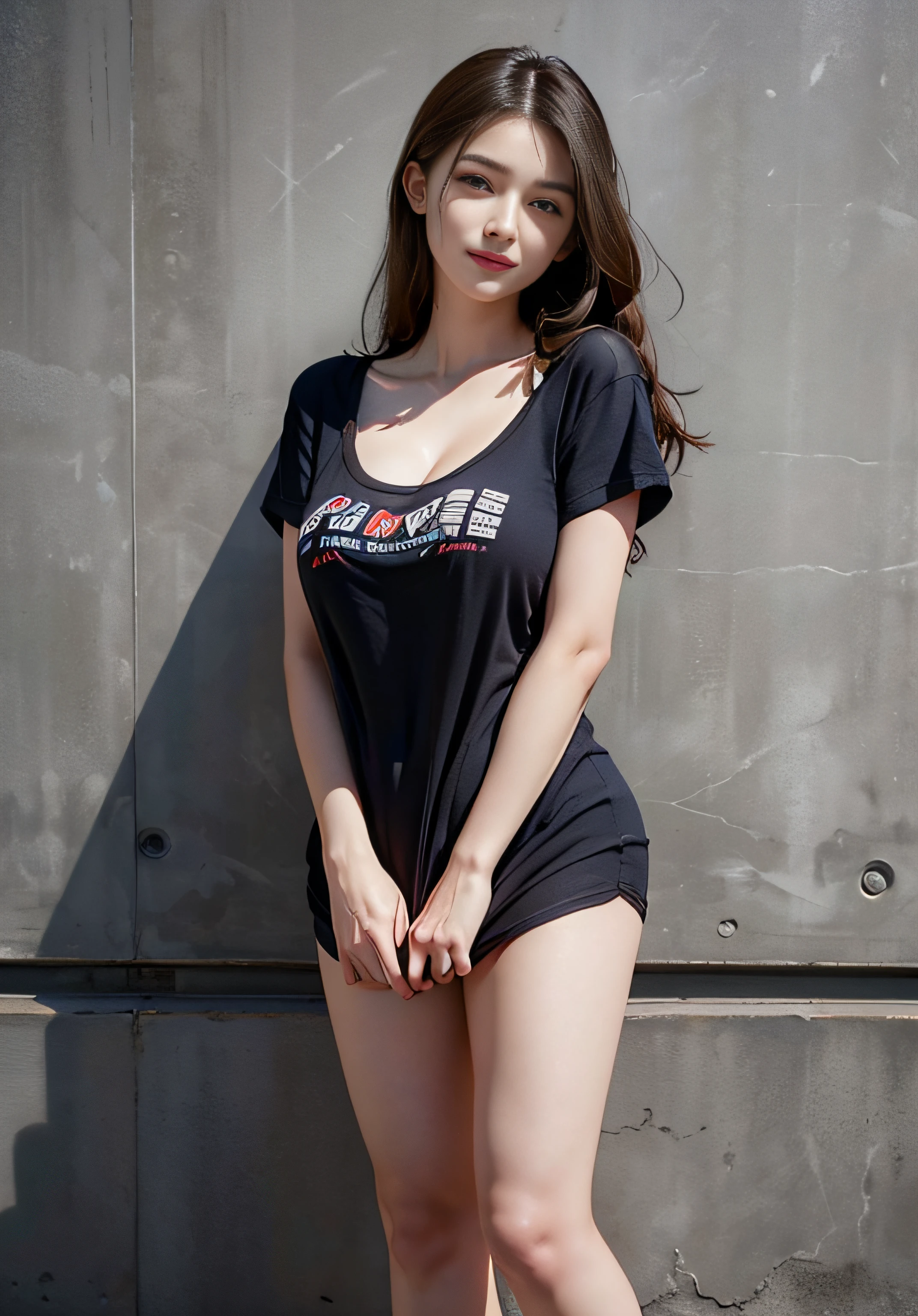(8K high image quality), (top-quality), (RAW image quality),(masutepiece:1.2), (Realistic), (Photorealistic:1.37), Goose egg face,largeeyes,long eyelasher,Exquisite(Live-action realistic style),The Ultimate Face,Photorealistic light and shadow,Clear facial features,milky skin,Fair skin, highdetailskin,Realistic skin details,Visible Pore,(Super Detail),Hair length is random, (Flowing hair),Shoot for viewers,Shot from a short distance,Ultra-detailed, 1girl in, Cute,Beautiful detailed eyes, beautiful detailed nose, highlydetailed skin,Full body,I can see the cleavage ,(eyecontact),(Colossal tits、Breast Abundance)、(Beautiful face with double eyelids),((fullbody image)), (Realism: 1.4),High image quality, excellent details, Ultra-high resolution, (Realism: 1.4), The best illustrations, favor details, Highly condensed 1girl,delicate and beautiful face, 1girl in、20yr old、(Beautiful Face 1.4)、A slender、((Beautiful woman in t-shirt,I don't wear anything except a t-shirt)),extra detailed face、Too clear white skin、(Smile at the viewer without opening your mouth)、dynamic ungle、Magnificent scale,Nasty smile,((Full body shooting)),Slender Body Style),Stand leaning against the wall,Model-like standing,very clean feet,Standing with a slight distance between your feet