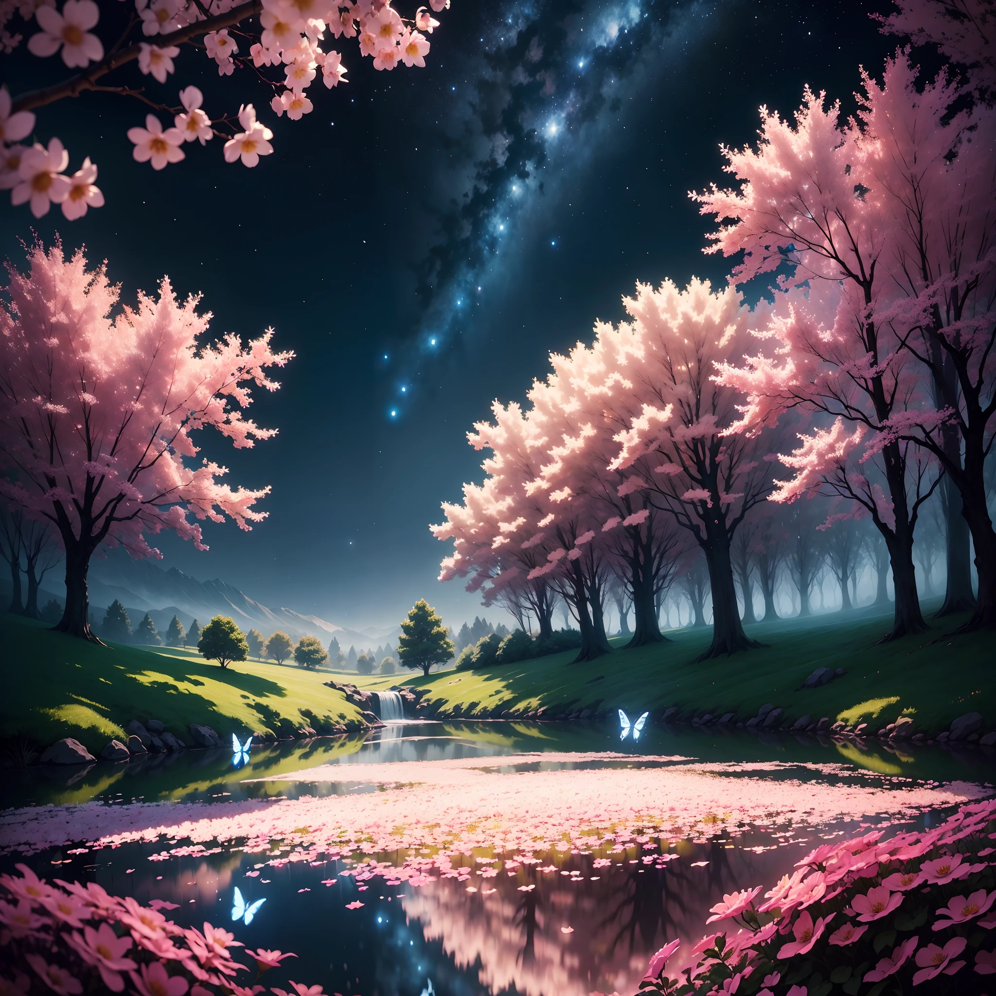 nigth，mont，Rose garden,log cabin,Skysky，the space，starrysky,galaxias，(depth of fields)，Light，Mist，the cherry trees，Reallightandshadow，painting-like,Ethereal atmosphere,Vibrant colors,cinematic compositions，dream magical，hoang lap，Particle effect，diffused reflections，waterfallr，Colorful flowers,Butterflies dancing,Dreamy and whimsical,Peaceful and charming,style of surrealism,painting-like,Ultra-fine painting,vibrant with colors,painting coming to life,Sharp contrast,hdr,hyper HD,Totally mesmerizing and fascinating,Simply breathtaking，Physically-based rendering,Extreme detail description,professional,.