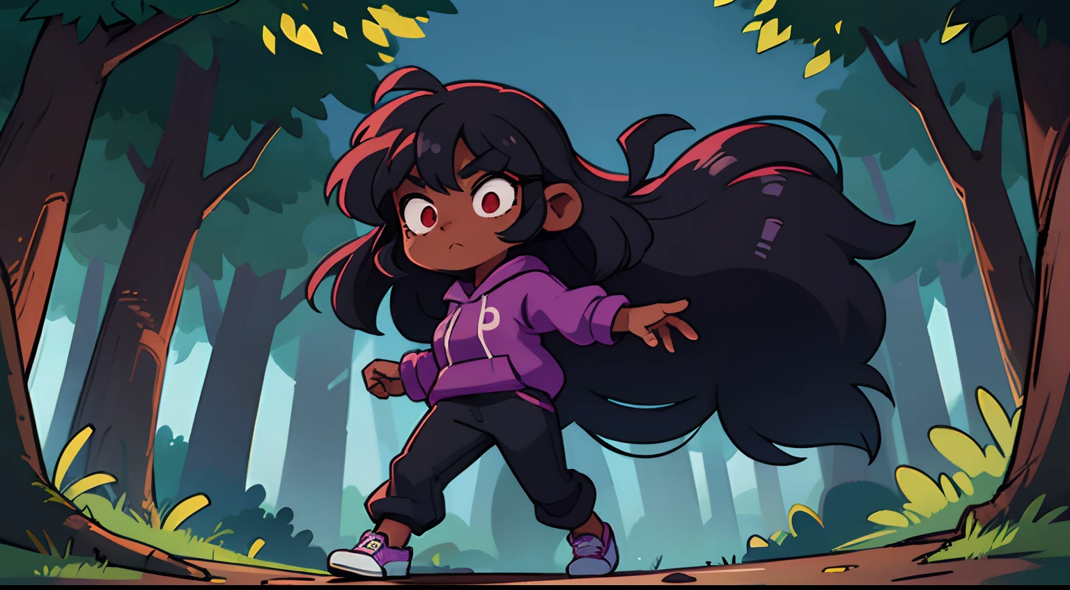Dark-skinned woman with black long wavy hair wearing purple hoodie, black long pants, white sneakers, forest background, deep-colored shading, colored outlines