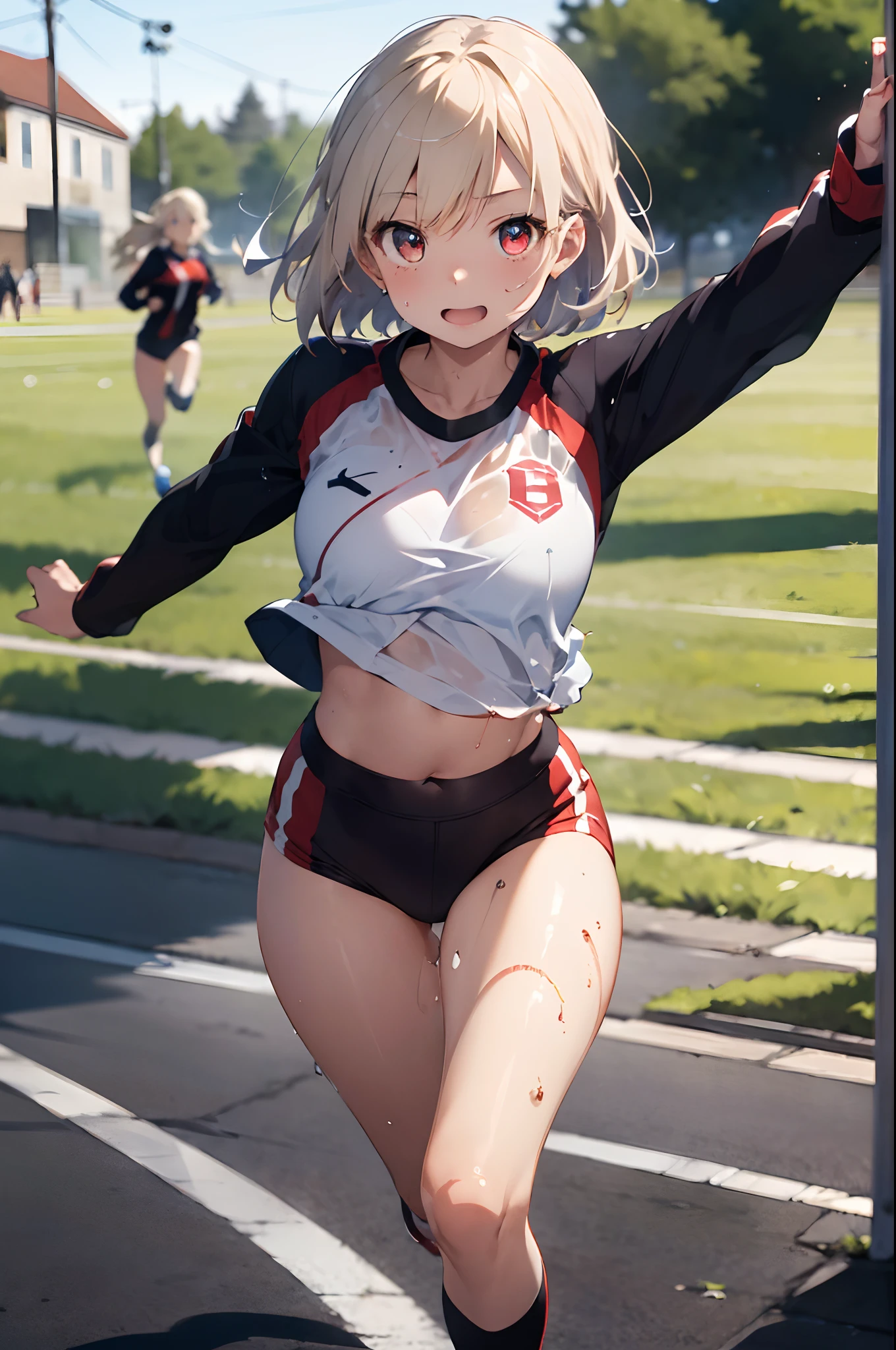 (top-quality、in 8K、32K、masterpiece、nffsw、超A high resolution、Impresionismo、Photorealsitic:1.2)、Angle from above、High angle、cowboy shot、foco nítido、detailed faces and eyes、school ground、Strong sunshine、beauitful face、blurry backround、shinny skin、Sharp pupils、Realistic pupils、 school ground、beauitful face、blurry backround、18 year old beautiful girl、shinny skin、short-hair、Platinum blonde beautiful hair、Red Eyes、(Sports Day Costume、Running:1.3)、thighs thighs thighs thighs、Curve、Dynamic Poses、Navel Ejection、wetted skin、wetting hair、Powerful composition