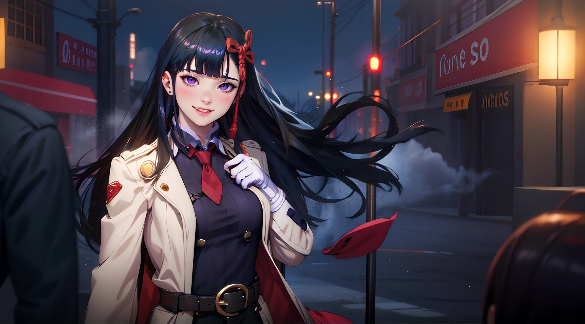 (black hair, long hair:1.7), purple eyes, hair ornament,1girl, long_hair, lamppost, night, gloves, belt, building, solo, outdoors, black_hair, red_gloves, blurry_background, necktie, brown_eyes, breasts, night_sky, bangs, cityscape, open_clothes, jacket, blurry, sky, city, coat, closed_mouth, smoke, medium_breasts, red_neckwear, looking_at_viewer, long_sleevesglow effects, godrays, Hand drawn, render, 8k, octane render, cinema 4d, blender, dark, atmospheric 4k ultra detailed, cinematic, Sharp focus, big depth of field, Masterpiece, colors, 3d octane render, 4k, concept art, trending on artstation, hyperrealistic, Vivid colors, extremely detailed CG unity 8k wallpaper, trending on CGSociety, Intricate, High Detail, dramatic,