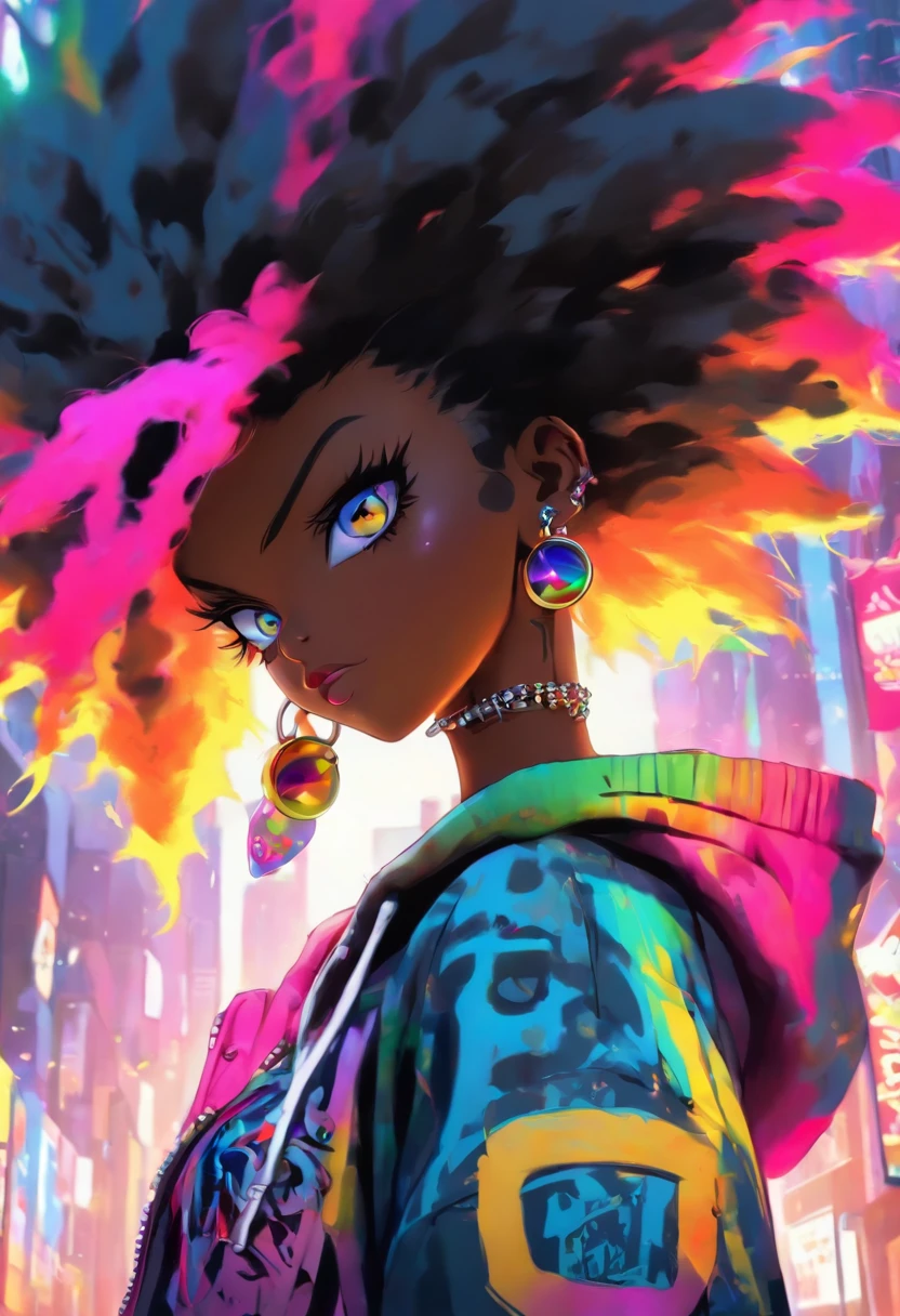 The most beautiful and sexy punk rock girl, black Afro, cabello color arco iris, ojos amarillos, dark skin, usar una sudadera con capucha, Graphic design jacket and torn skinny jeans, toneladas de tatuajes y piercings, Obra maestra perfecta, alta calidad, High resolution, big tits