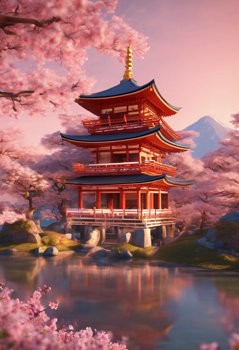 A picture of a Japanese temple surrounded by cherry blossoms in bloom
