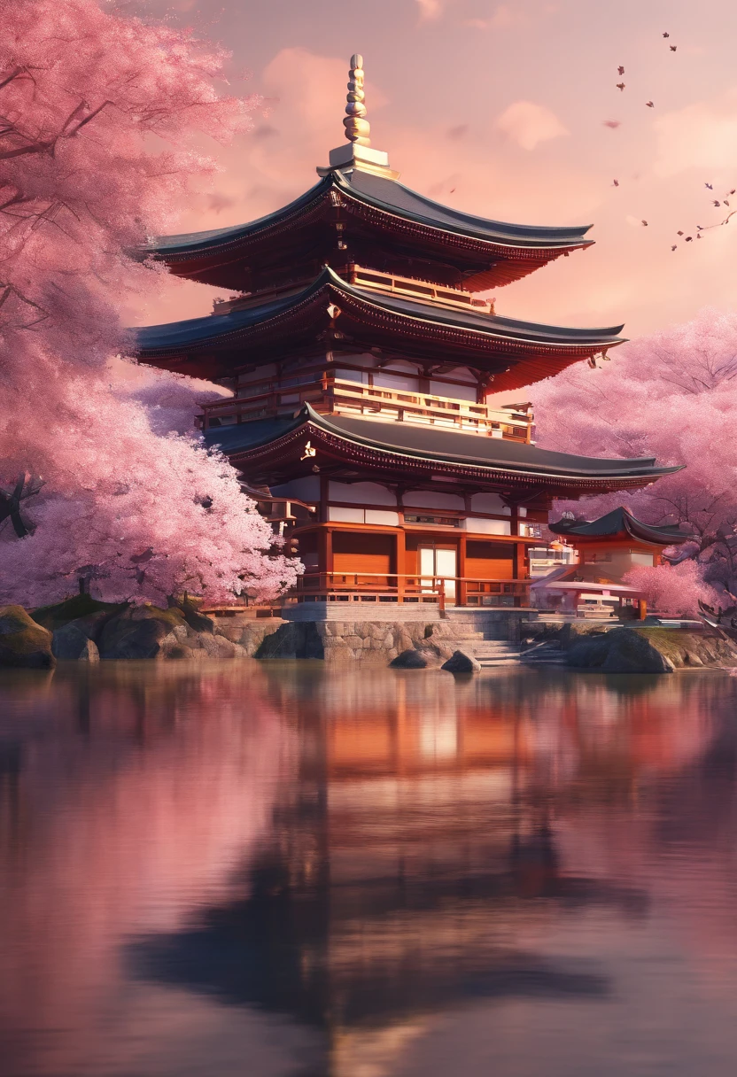 A picture of a Japanese temple surrounded by cherry blossoms in bloom