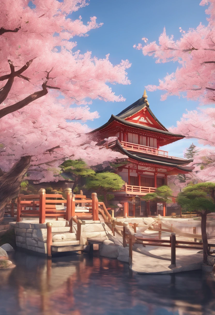 A picture of a Japanese temple surrounded by cherry blossoms in bloom
