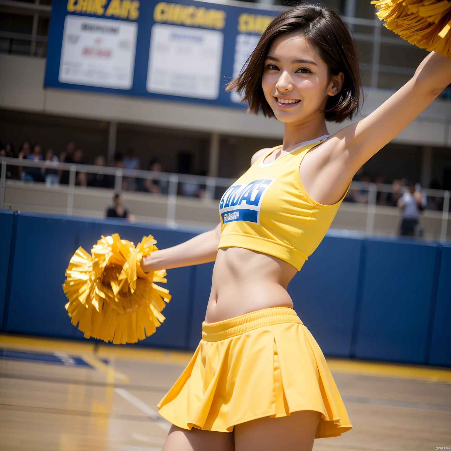 best quality, masterpiece, (realistic:1.2), 1 girl, short hair, brown eyes, Front, detailed face, beautiful eyes, cute outfit, small and fit crop top, skirt, blue and yellow, beautiful smile, small waist, cheerleader, cheerleader in a basketball court, small titts,
