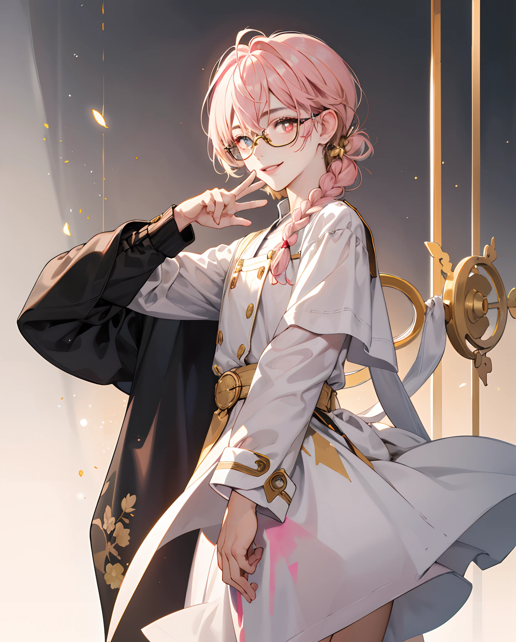 Short fluffy pale pink hair,There is a white gradient at the ends。The top of the hair is tied in a short braid。Golden pupils,Wear a pair of light, gold-rimmed glasses。a high school boy,The figure is good,smiling with narrow eyes。Standing painting。