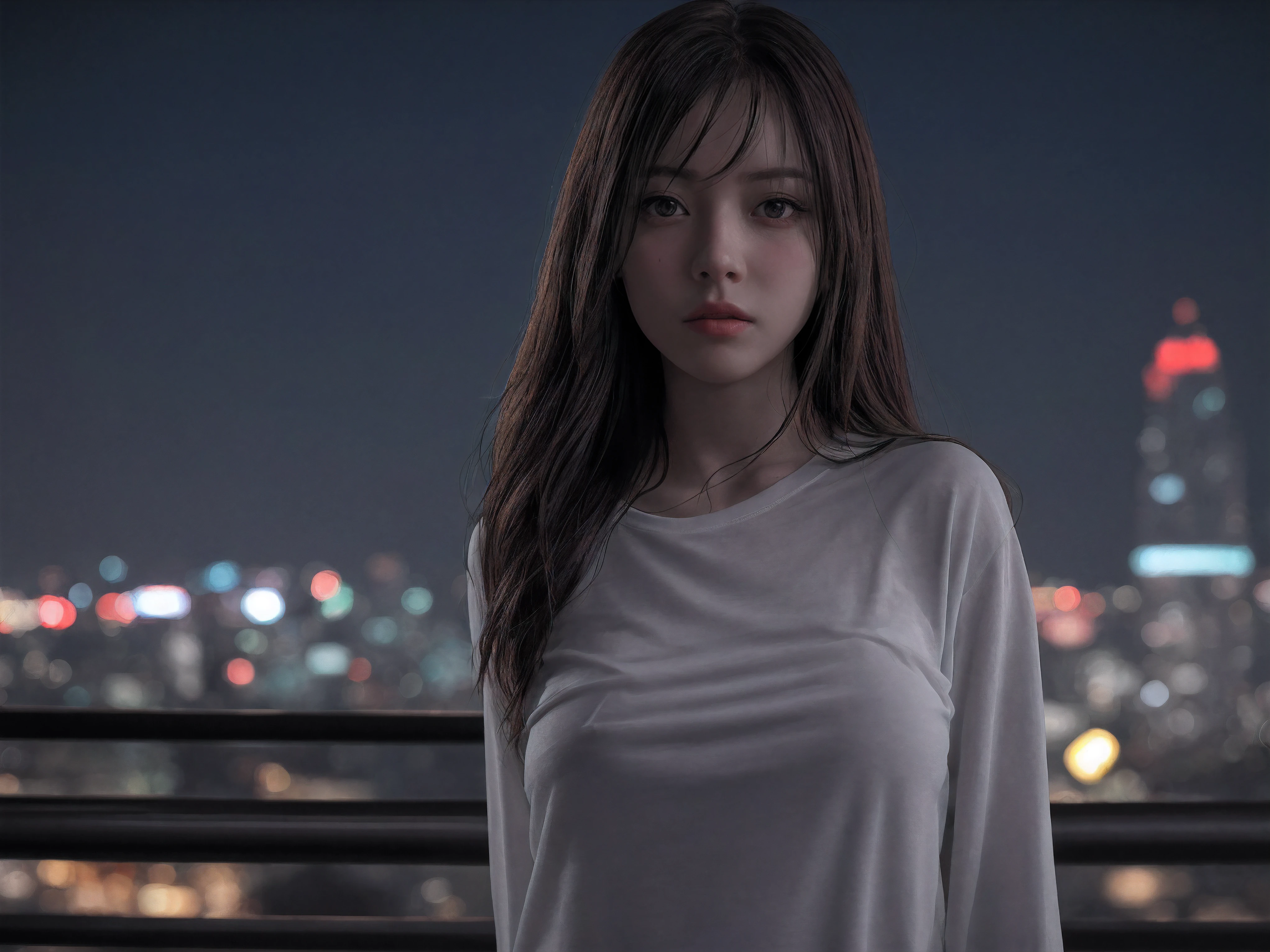 Raw, cinematic shot, (sharp focus:1.5), (photorealistic:1.4), twilight lighting, volumetric lighting, ultra high res, 16K,dramatic lighting, Midnight, Whole body, Long legs, Sharp focus :1.2, A pretty woman with perfect figure :1.4, Slender abs :1.1, (Dark brown hair,Gigantic breasts :1.2), (White tight tshirt, Standing:1.2), (Night city view, Rooftop:1.3), Highly detailed face and skin texture, Detailed eyes, Double eyelid, Light penetrates the hair,