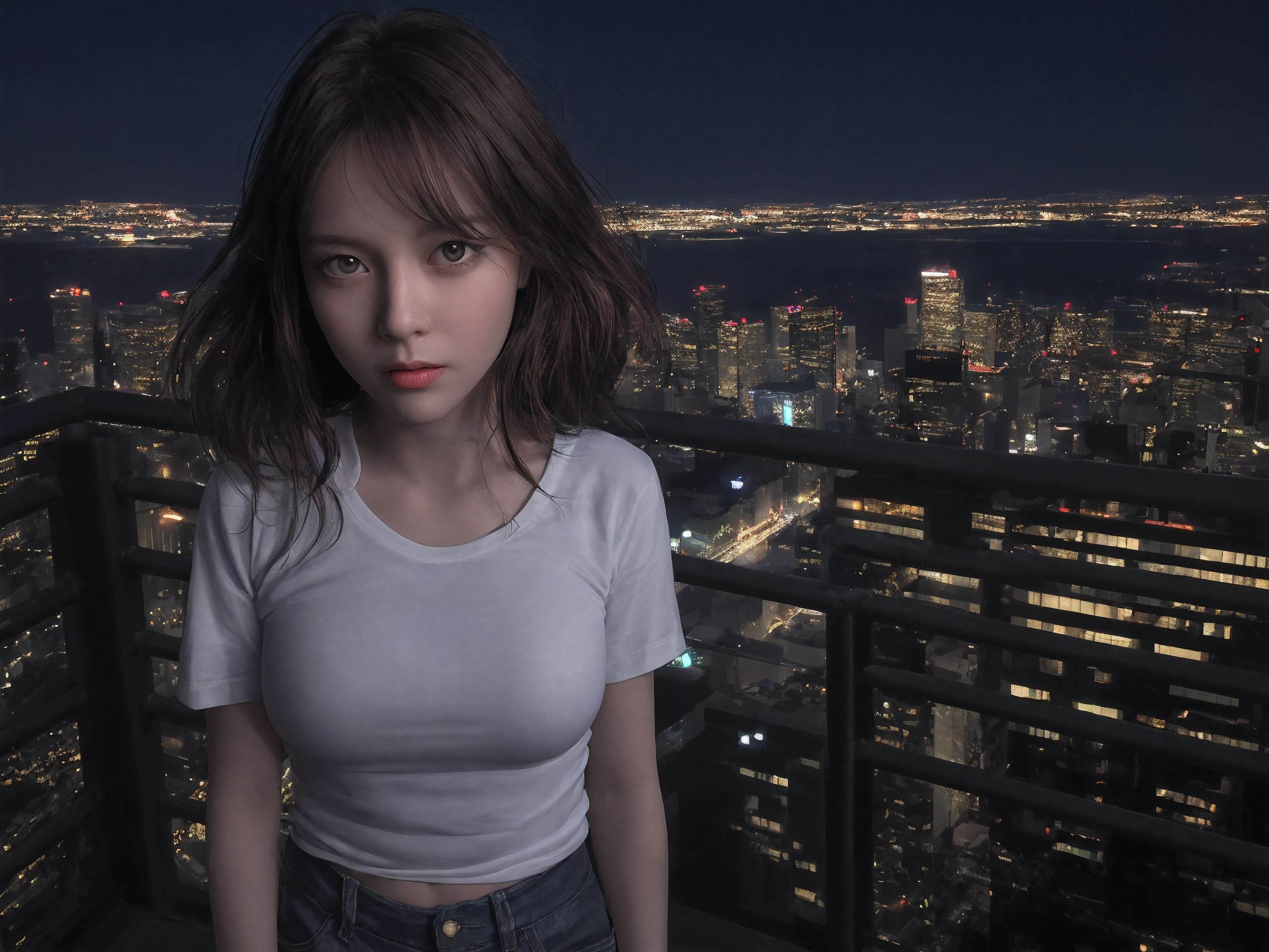 Raw, cinematic shot, (sharp focus:1.5), (photorealistic:1.4), twilight lighting, volumetric lighting, ultra high res, 16K,dramatic lighting, Midnight, Whole body, Long legs, Sharp focus :1.2, A pretty woman with perfect figure :1.4, Slender abs :1.1, (Dark brown hair,Gigantic breasts :1.2), (White tight tshirt, Standing:1.2), (Night city view, Rooftop:1.3), Highly detailed face and skin texture, Detailed eyes, Double eyelid, Light penetrates the hair,