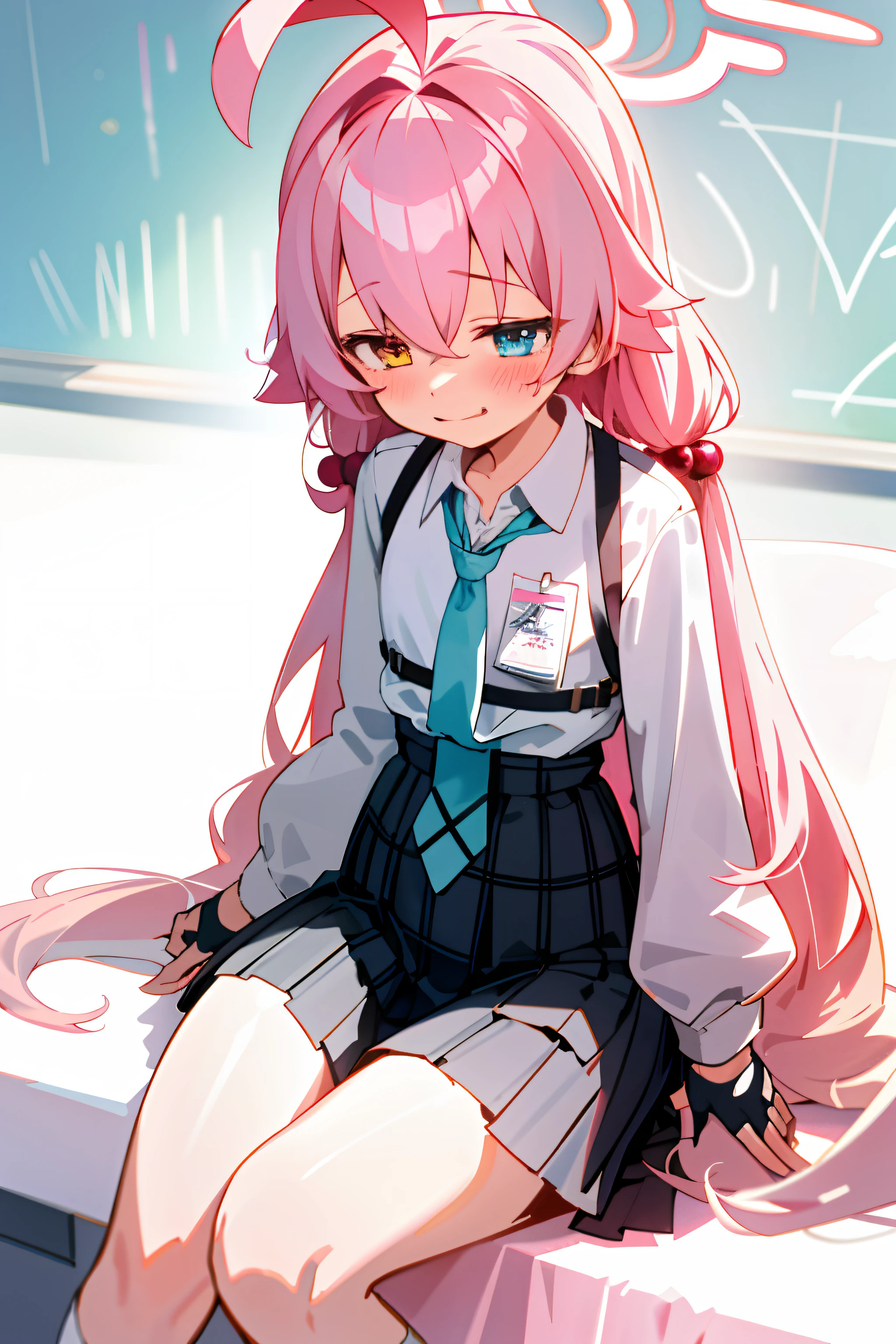 Hoshino (blue archive) One girl with long hair and uniform, pink hair, looking away, sitting, happy face, blushing, mouth small open, classroom, best quality, high quality,