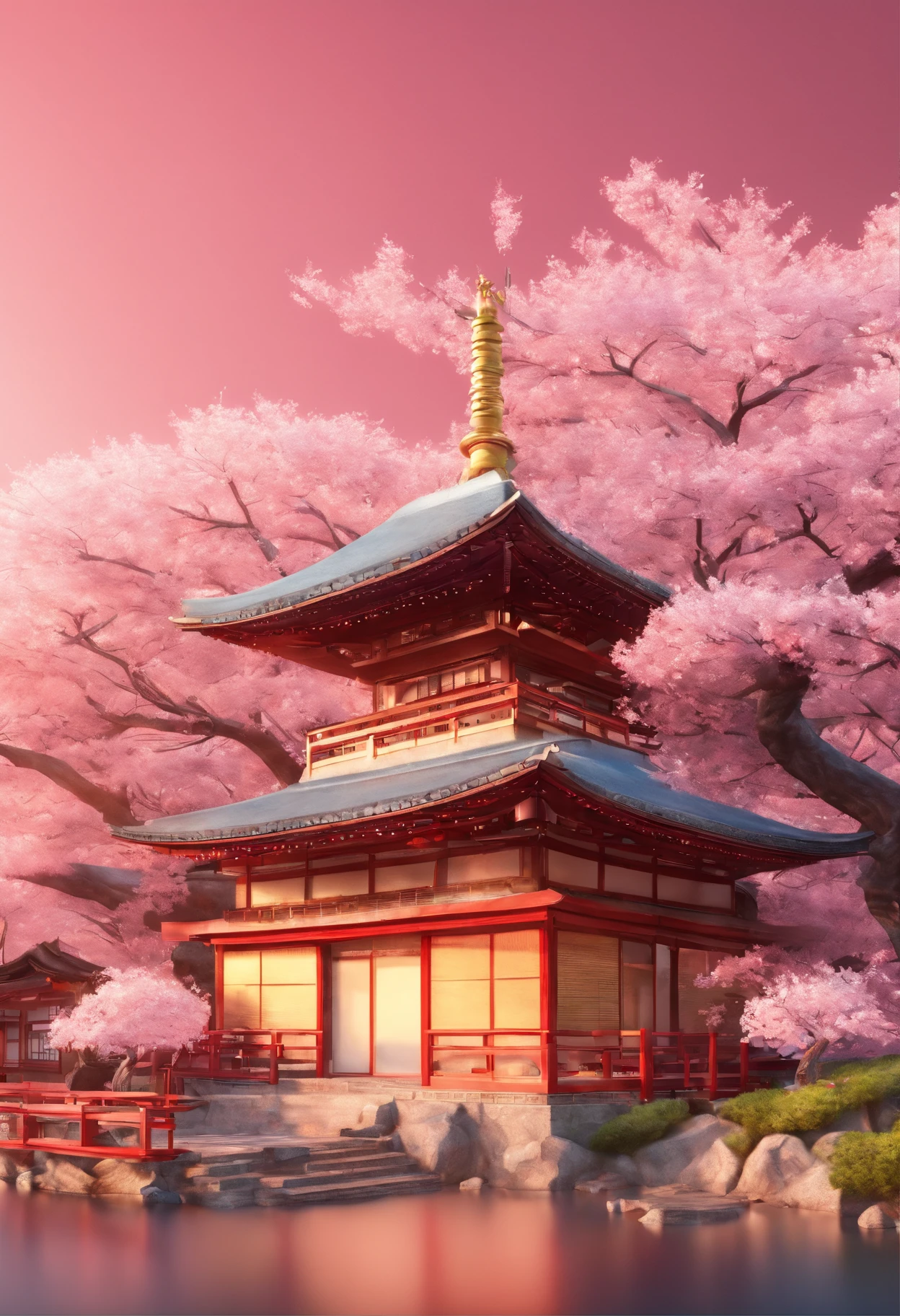 A picture of a Japanese temple surrounded by cherry blossoms in bloom