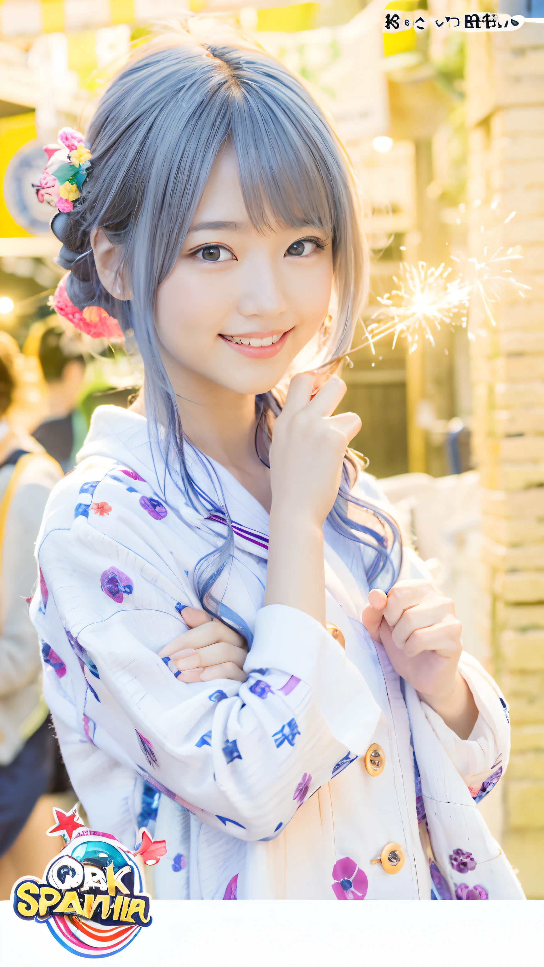(8K、Raw photography、top-quality、​masterpiece:1.2)、(realisitic、Photorealsitic:1.37)、ultra-detailliert、超A high resolution、女の子1人、see the beholder、beautifull detailed face、A smile、Constriction、(Slim waist) :1.3)、Beautiful detailed skin、Skin Texture、Floating hair、Professional Lighting、Whole human body、Longhaire、a blond、japanese hight school uniform、a sailor suit、matsuri、In the street、sparklers、Bob Hair、Summer Festivals、food stand、Happy smile