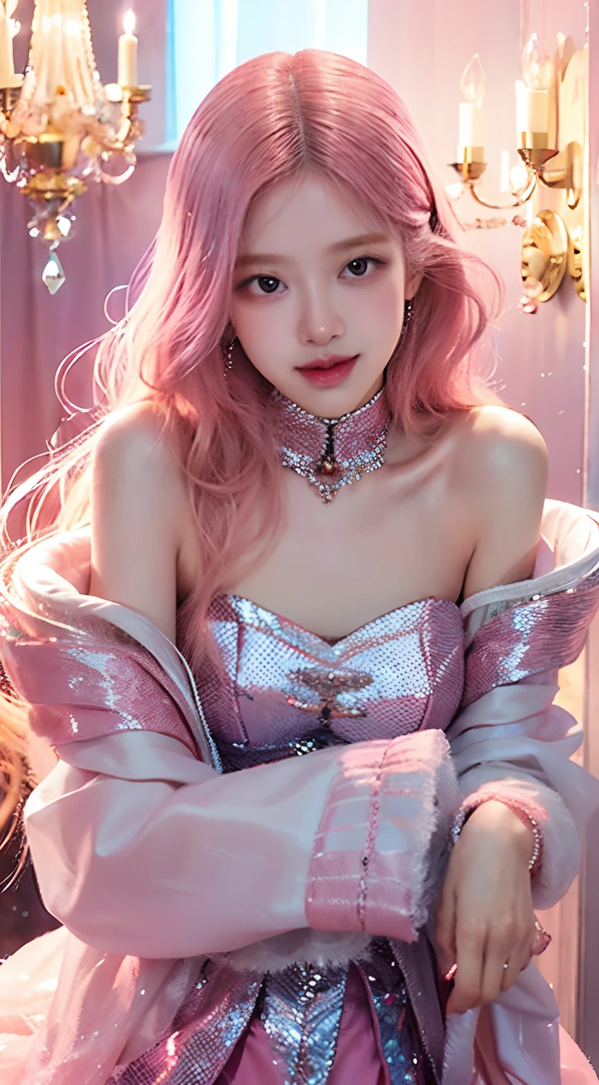 (best quality,ultra-detailed,photorealistic),pinkish colors,blackpink kpop idol,fantasy background,pretty smile,long wavy hair,glowing makeup,sparkling outfit,dreamy atmosphere,soft lighting,vibrant colors,fairy-like appearance