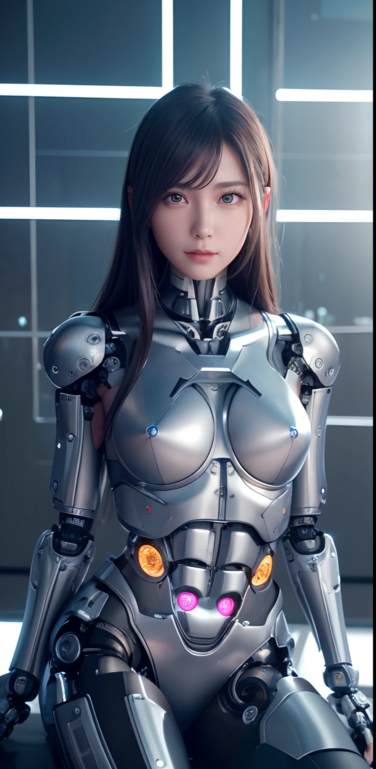 top-quality、​masterpiece、超A high resolution、(Photorealsitic:1.4)、((a beauty girl:1.6)), 1 full-body cyborg girl、sixteen years old、NOhumans、((The skin part is only the face)), Luminous Eyes、((Lots of split metal chest protectors)), Metal Robot、((The whole body is the body of a combat robot))、((Body parts are robot parts:1.8))、((The internal mechanisms of the chest are exposed)), ((Mechanical chest armor with LED indicators and meters)), Robot arms and legs、((Exposed metal skeleton of the abdomen))、Metal skeleton of the cervical region、Under repair、destroyed body、Metal Mechanical Bra、Full Body Metal Skin、Metal bodysuit、Metal scales covering the whole body、body made of metal、Whole body metal、a beauty girl、prosthetic hand、artificial leg、Full body cyborg、Exposed metal skeleton、Asian Beauty、cyberpunked、steampunc、Inside the futuristic space battleship、laboratory、Complex 3d rendering beautiful porcelain profile ultra detailed female type android face、dark brown  hair、glowy skin、((super realistic details))、portlate、globalillumination、Shadow、octan render、metals、Details of complex ornaments、Japan details、highly intricate detail、Realistic light、CGSoation Trends、a purple eye、radiant eyes、Facing the camera、neon details、Mechanical limbs、blood vessels connected to tubes、Mechanical vertebrae attached to the back、mechanical cervical attaching to neck、sitting on、Wires and cables connecting to the head、Gundam、Small LED lamp、​masterpiece、 Metal Robot、body made of metal、Whole body metal、prosthetic hand、artificial leg、Full body cyborg、Exposed metal skeleton、Asian Beauty、cyberpunked、steampunc、Futuristic cities、laboratory、Complex 3d rendering beautiful porcelain profile super detailed female android face、cyborgs、roboticparts、150mm、beautiful studio soft light、Rim Lights、vibrant detail、luxuriouscyberpunk、Ren Hao、surrealistic、Anatomical、face muscles、cable electric wires、microchips、elegent、beatiful backgrounds、octan render、HR Giger Style、8K、top-quality、​masterpiece、illustratio、extremely delicat