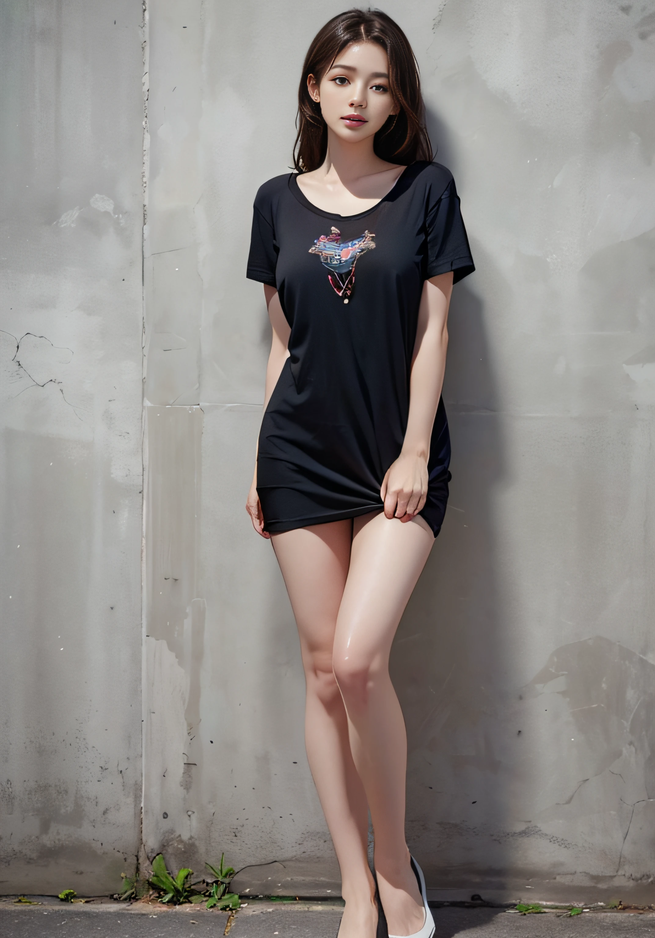 (8K high image quality), (top-quality), (RAW image quality),(masutepiece:1.2), (Realistic), (Photorealistic:1.37), Goose egg face,largeeyes,long eyelasher,Exquisite(Live-action realistic style),The Ultimate Face,Photorealistic light and shadow,Clear facial features,milky skin,Fair skin, highdetailskin,Realistic skin details,Visible Pore,(Super Detail),Hair length is random, (Flowing hair),Shoot for viewers,Shot from a short distance,Ultra-detailed, 1girl in, Cute,Beautiful detailed eyes, beautiful detailed nose, highlydetailed skin,Full body,I can see the cleavage ,(eyecontact),(Colossal tits、Breast Abundance)、(Beautiful face with double eyelids),((fullbody image)), (Realism: 1.4),High image quality, excellent details, Ultra-high resolution, (Realism: 1.4), The best illustrations, favor details, Highly condensed 1girl,delicate and beautiful face, 1girl in、20yr old、(Beautiful Face 1.4)、A slender、((Beautiful woman in t-shirt,I don't wear anything except a t-shirt)),extra detailed face、Too clear white skin、(Smile at the viewer without opening your mouth)、dynamic ungle、Magnificent scale,Bring smiles to your audience,((Full body shooting)),Slender Body Style),Stand leaning against the wall,Model-like standing,very clean feet,Show your back,Hide your buttocks with your hands