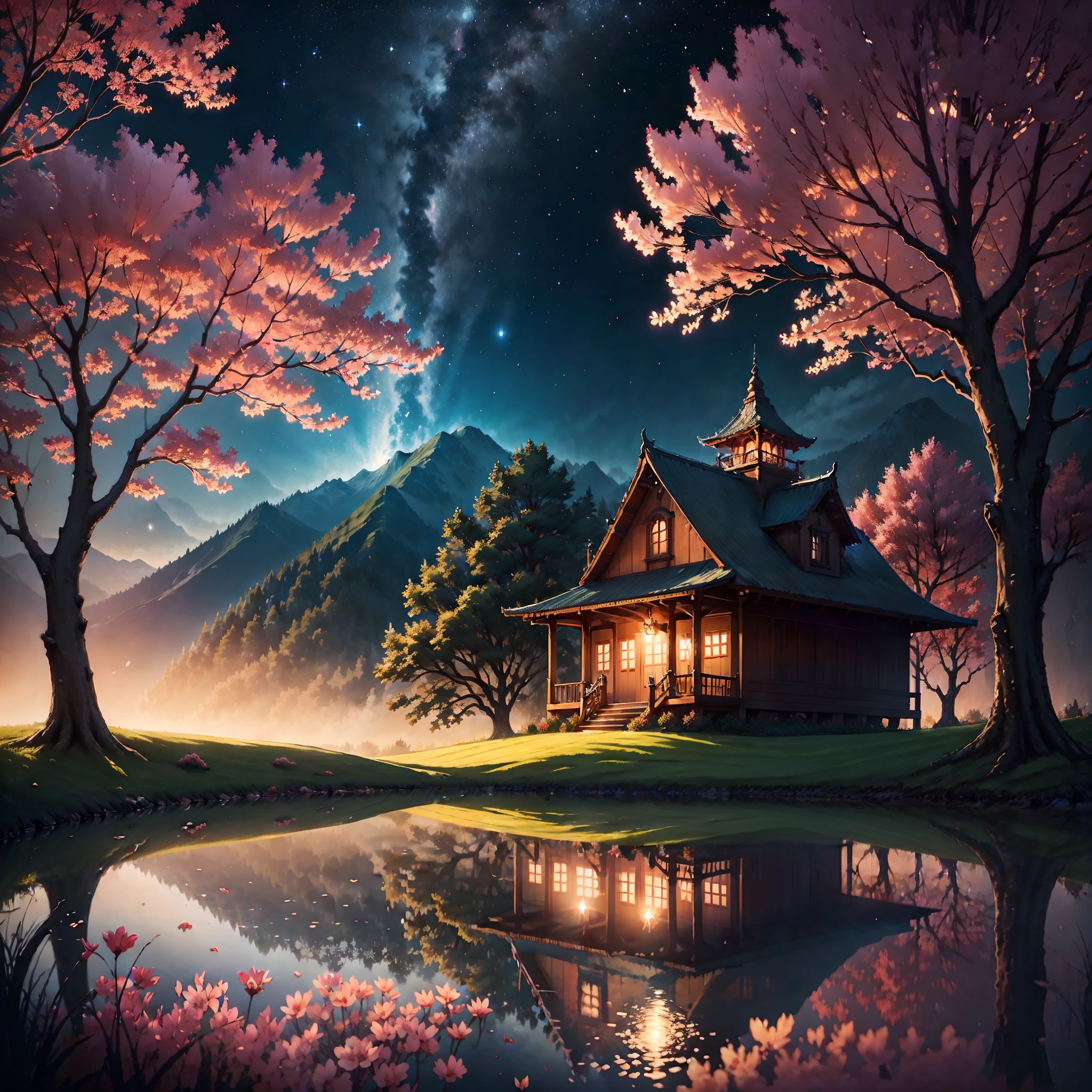 nigth，Rose garden,log cabin,Skysky，the space，starrysky,galaxias，(depth of fields)，Light，Mist，the cherry trees，Reallightandshadow，painting-like,Ethereal atmosphere,Vibrant colors,cinematic compositions，dream magical，hoang lap，Particle effect，diffused reflections，(mont)，waterfallr，Butterflies dancing,Dreamy and whimsical,Peaceful and charming,style of surrealism,painting-like,Ultra-fine painting,vibrant with colors,painting coming to life,Sharp contrast,hdr,hyper HD,Totally mesmerizing and fascinating,Simply breathtaking，Physically-based rendering,Extreme detail description,professional,.