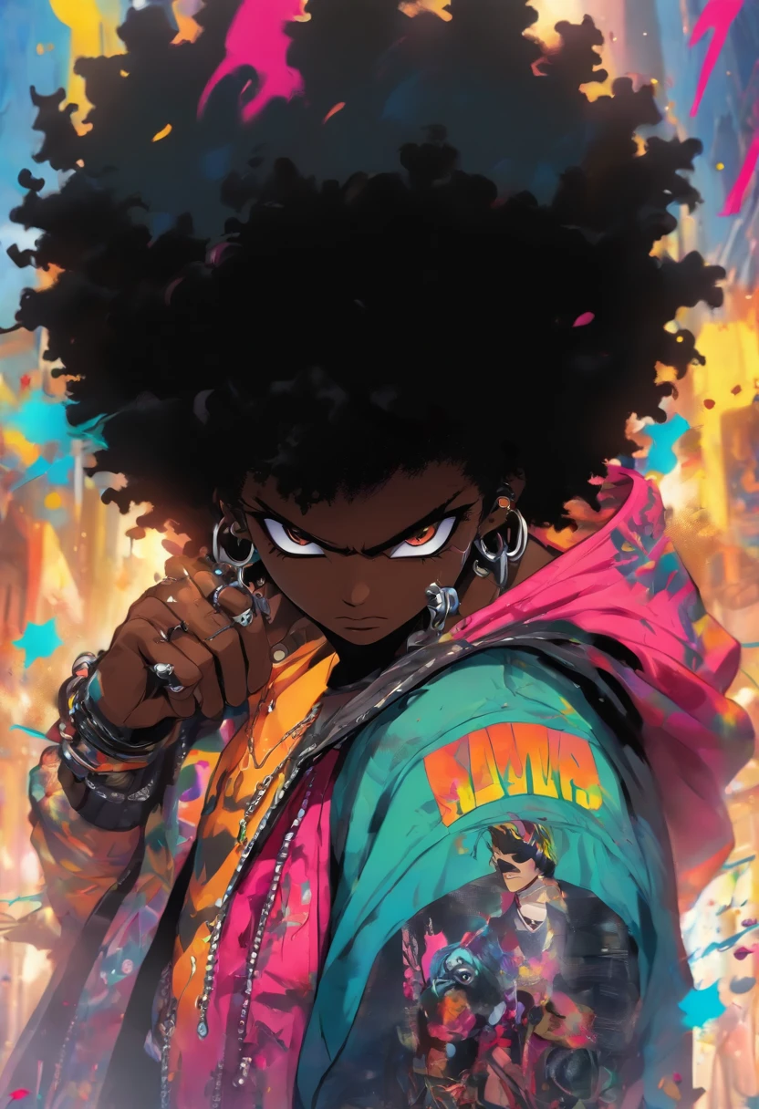 The most beautiful and sexy punk rock boy, black Afro, cabello color arco iris, ojos amarillos, dark skin, usar una sudadera con capucha, Graphic design jacket and torn jeans, toneladas de tatuajes y piercings, Obra maestra perfecta, alta calidad, High resolution, black face mask