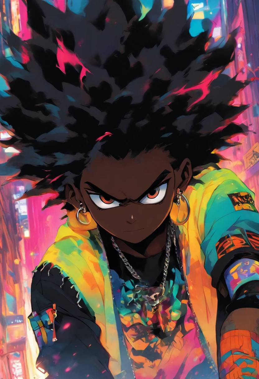 The most beautiful and sexy punk rock boy, black Afro, cabello color arco iris, ojos amarillos, dark skin, usar una sudadera con capucha, Graphic design jacket and torn jeans, toneladas de tatuajes y piercings, Obra maestra perfecta, alta calidad, High resolution, black face mask