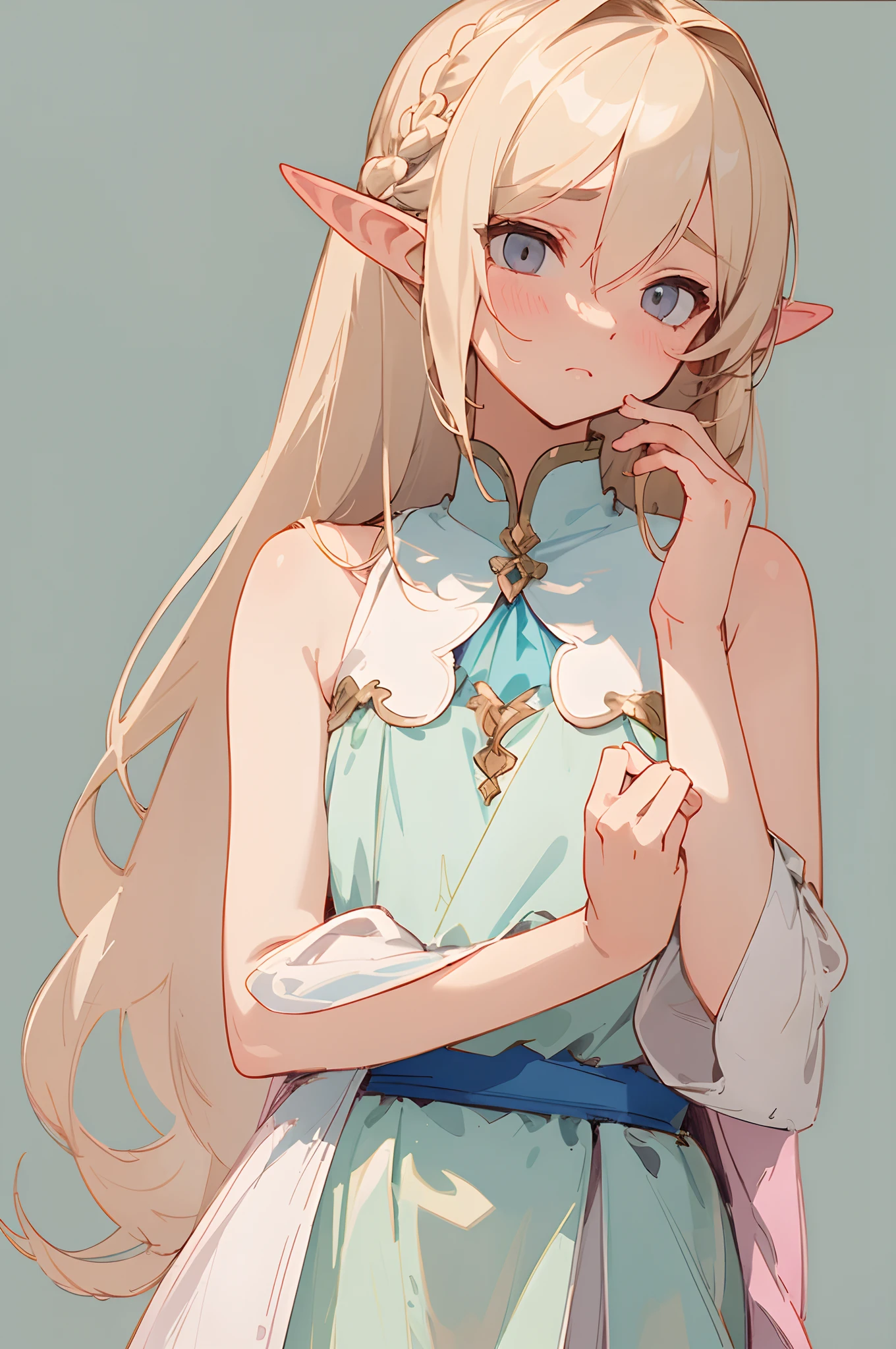 (masterpiece, best quality) detailed, 1Character , blue archive art style ,  pastel washed out colors , cell shade , soft, muted shades ,gentle colors , Beautiful woman , light skin , silver eyes , blonde hair , elf ears , small chest , hair in an up-do style , smaller more mature eyes , age 26 , sleeveless pink silk short