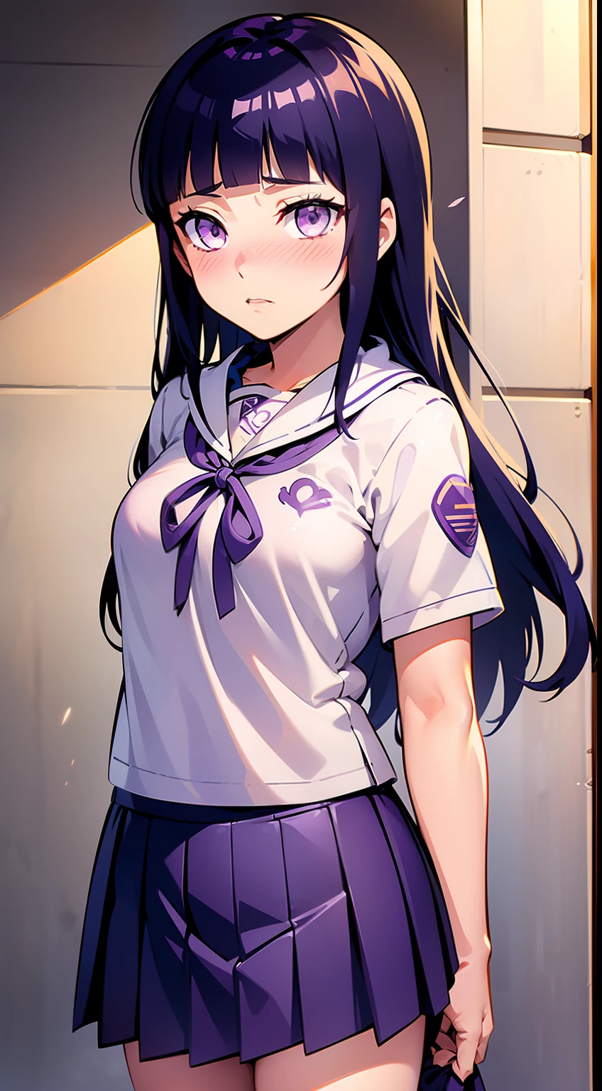 Hinata Hinata，White eyes，Modern rental housing，Panicked expression，（Tsundere）、The shirt、skirt by the、（small tits）chilarism、Japanese high school uniform、serafuku、Summer clothing、Upper body portrait