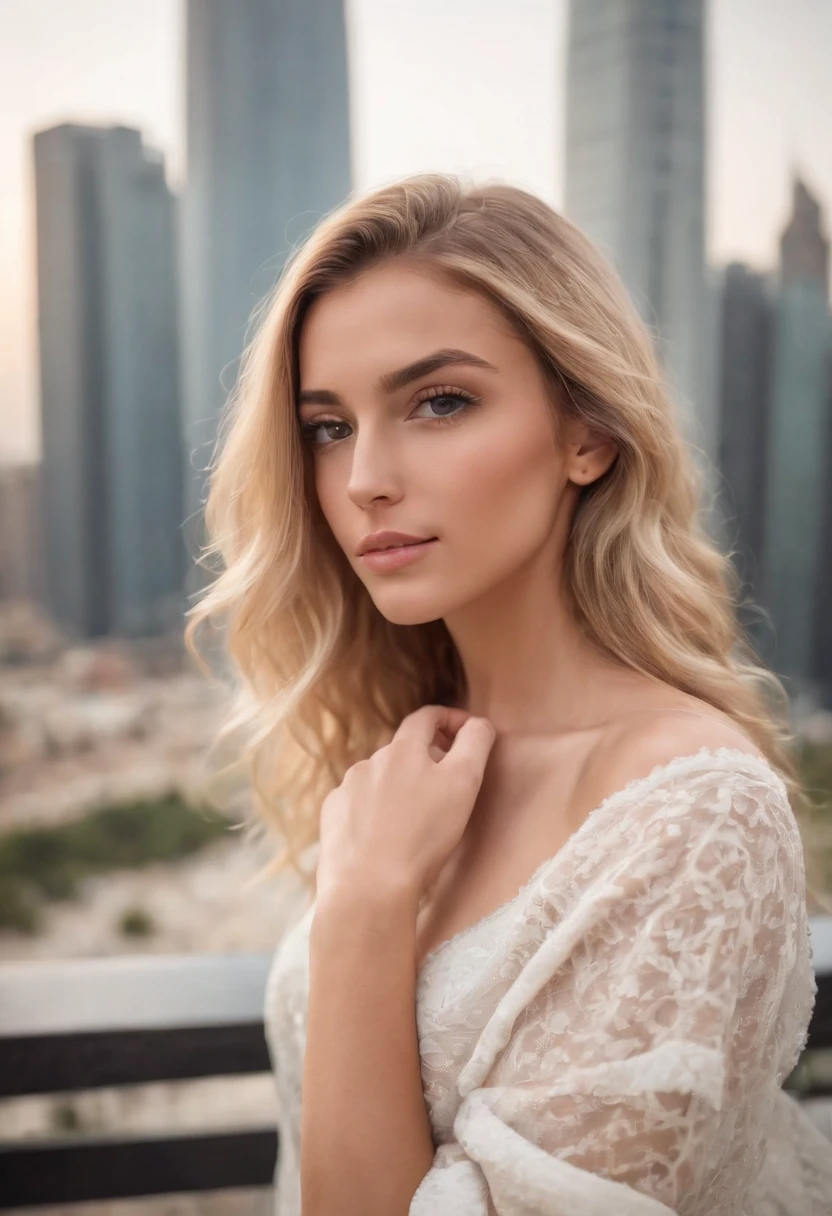Femme sexy, 20 ans, athletic, tanned skin, gros seins, narrow waist, curly blonde hair, Instagram template, Realstic, Photo Instagram, photographie, authentique, naturel. Dubai Landscapes, Tall Buildings Hands Holding Hair Behind His Head