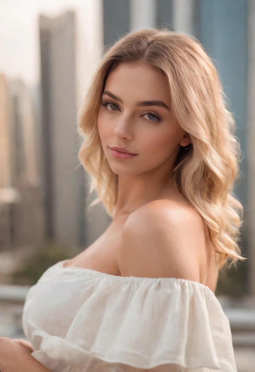 Femme sexy, 20 ans, athletic, tanned skin, gros seins, narrow waist, curly blonde hair, Instagram template, Realstic, Photo Instagram, photographie, authentique, naturel. Dubai Landscapes, Tall Buildings Hands Holding Hair Behind His Head