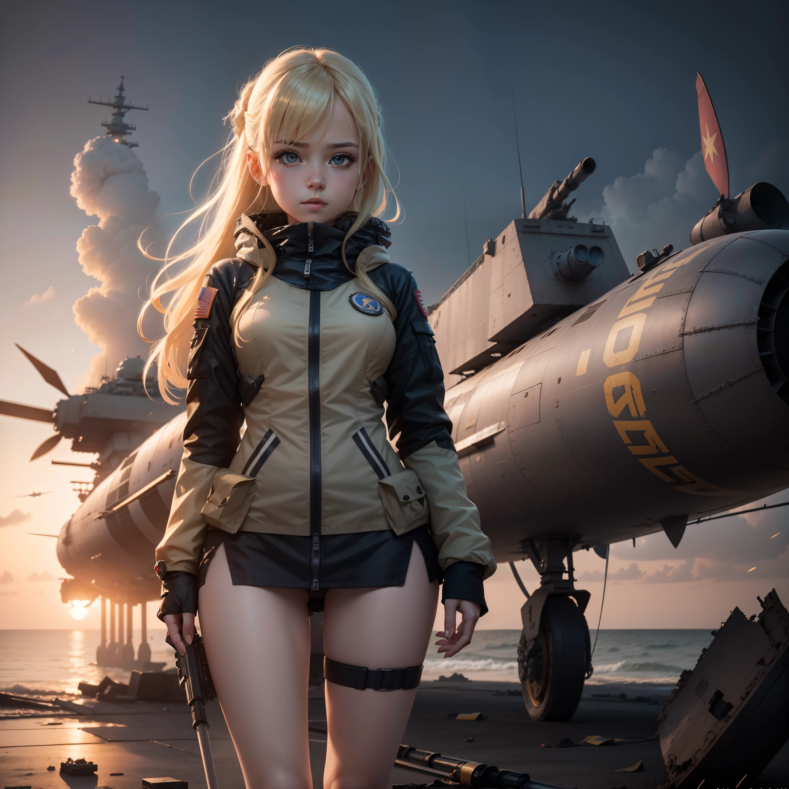Destroyed aircraft carrier,ukrainian girl , Ukrainian anime girls , , Ukraine , Full body composition of young girl with messy bright blonde hair, eye make up, , Soft lighting, Solo,, badges, Pose, Blotch color, Octane Render, Hyperrealistic intricate detail, Cinematic, 8K resolution, 70mm, Accent Lighting, Global Illumination, Full body portrait, clean detailed faces, poneyTail,Cute face,, Slim legs,combat suit,long court,Presidential attire,Set up a bazooka,