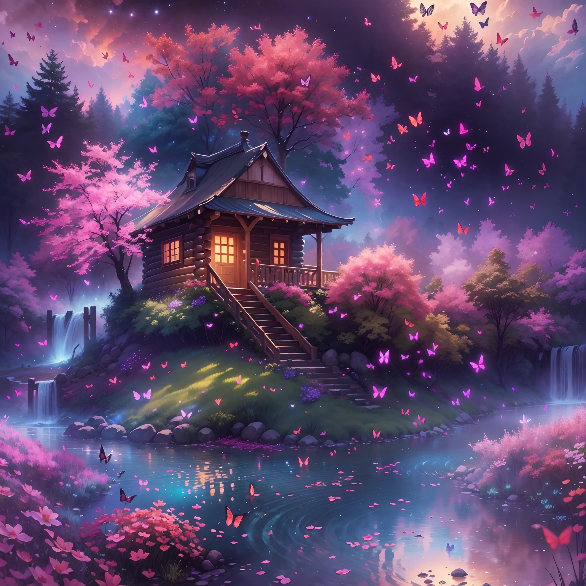 nigth,mont,Rose garden,log cabin,Skysky,the space,starrysky,galaxias,(depth of fields),Light,Mist,the cherry trees,Reallightandshadow,painting-like,Ethereal atmosphere,Vibrant colors,cinematic compositions,dream magical,hoang lap,Particle effect,diffused reflections,waterfallr,Colorful flowers,Butterflies dancing,Dreamy and whimsical,Peaceful and charming,style of surrealism,painting-like,Ultra-fine painting,vibrant with colors,painting coming to life,Sharp contrast,hdr,hyper HD,Totally mesmerizing and fascinating,Simply breathtaking,Physically-based rendering,Extreme detail description,professional,.