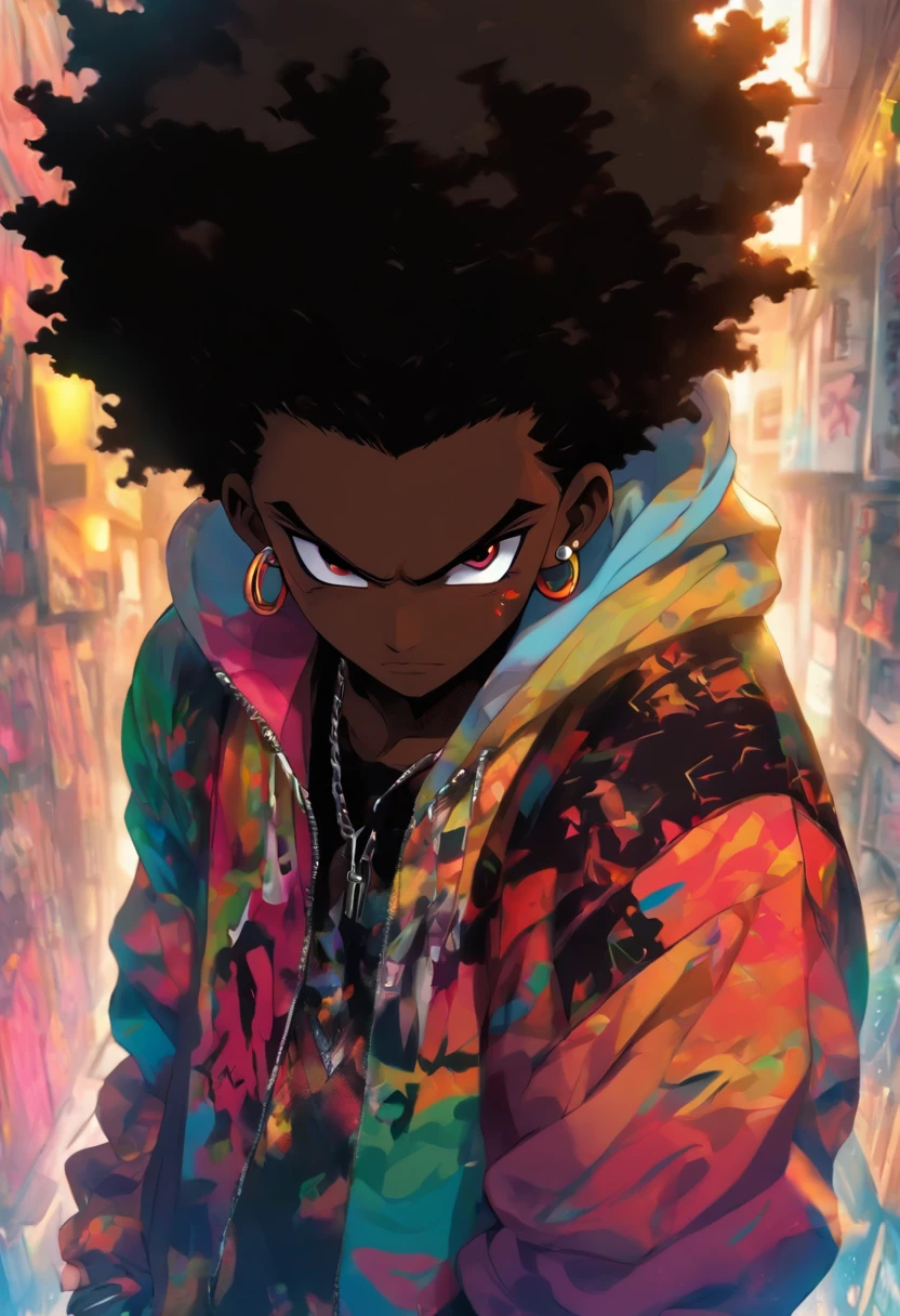 Jamaican sexy boy, black Afro, cabello color arco iris, ojos amarillos, dark skin, usar una sudadera con capucha, Graphic design jacket and torn jeans, toneladas de tatuajes y piercings, Obra maestra perfecta, alta calidad, High resolution, black face mask