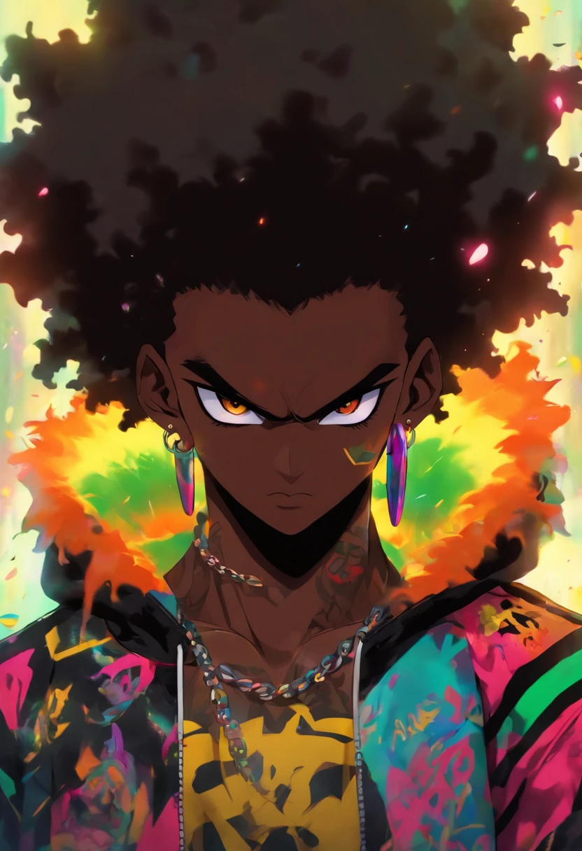 Jamaican sexy boy, black Afro, cabello color arco iris, ojos amarillos, dark skin, usar una sudadera con capucha, Graphic design jacket and torn jeans, toneladas de tatuajes y piercings, Obra maestra perfecta, alta calidad, High resolution, black face mask